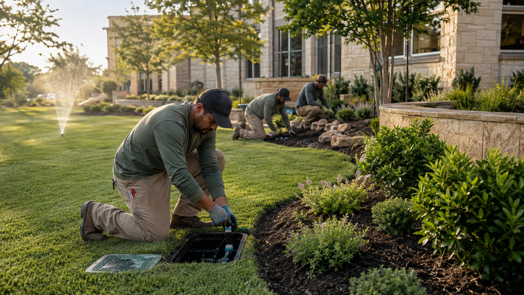People working on landscaping or gardening near a building, planting and maintaining plants and shrubs.