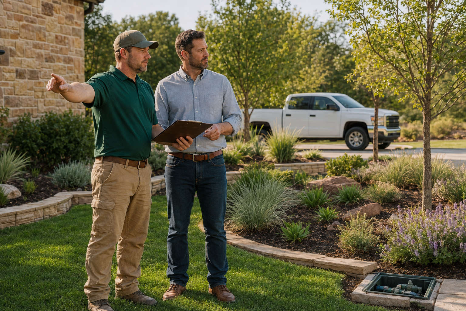 Two men standing in a garden, discussing a drainage system inspection. One man is pointing and holding a clipboard, the other is listening. A white pickup truck is parked in the background.