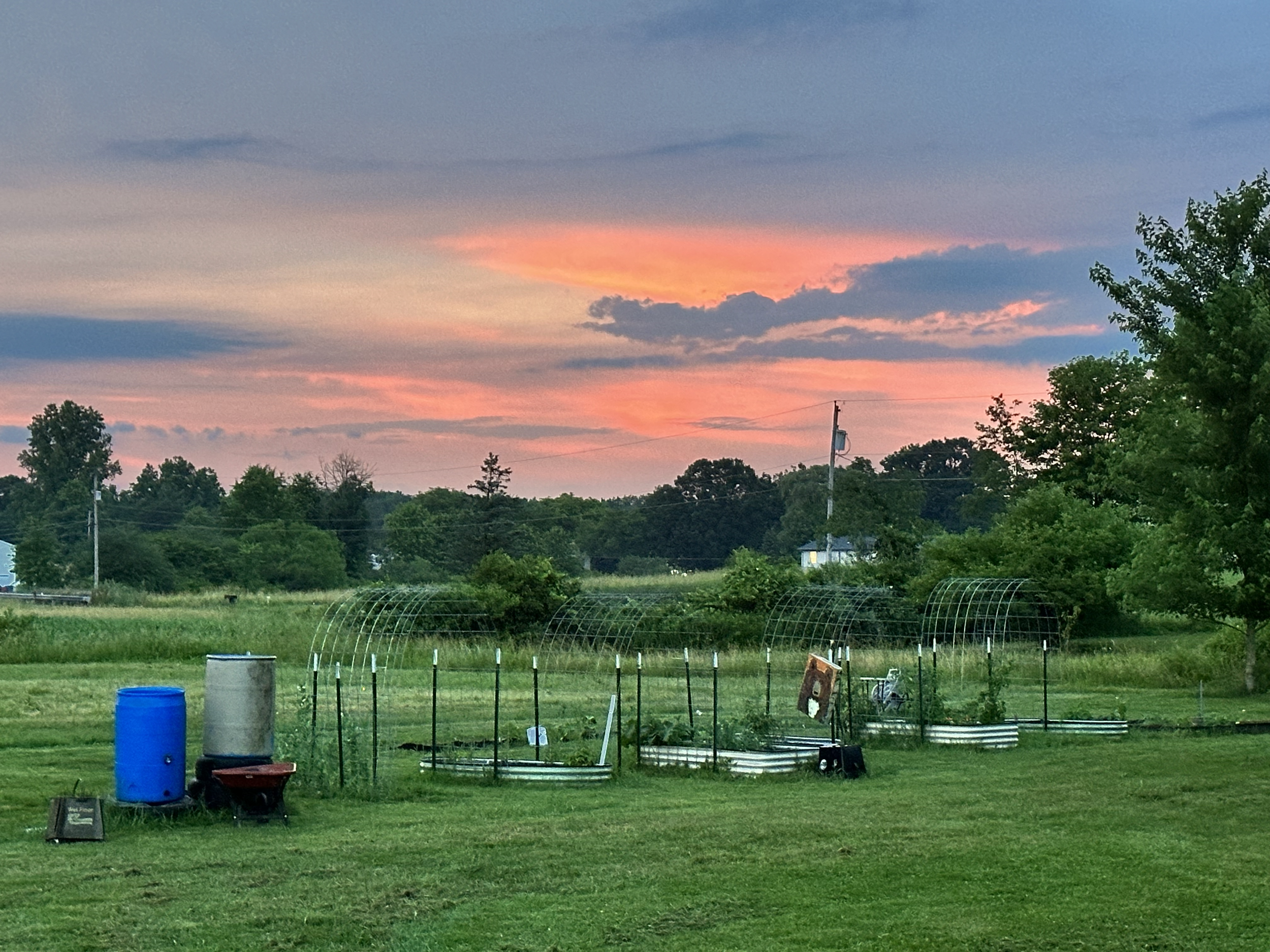 A sunset sky with pink and orange hues over a rural farm landscape with trees, power lines, and farm equipment in the foreground.