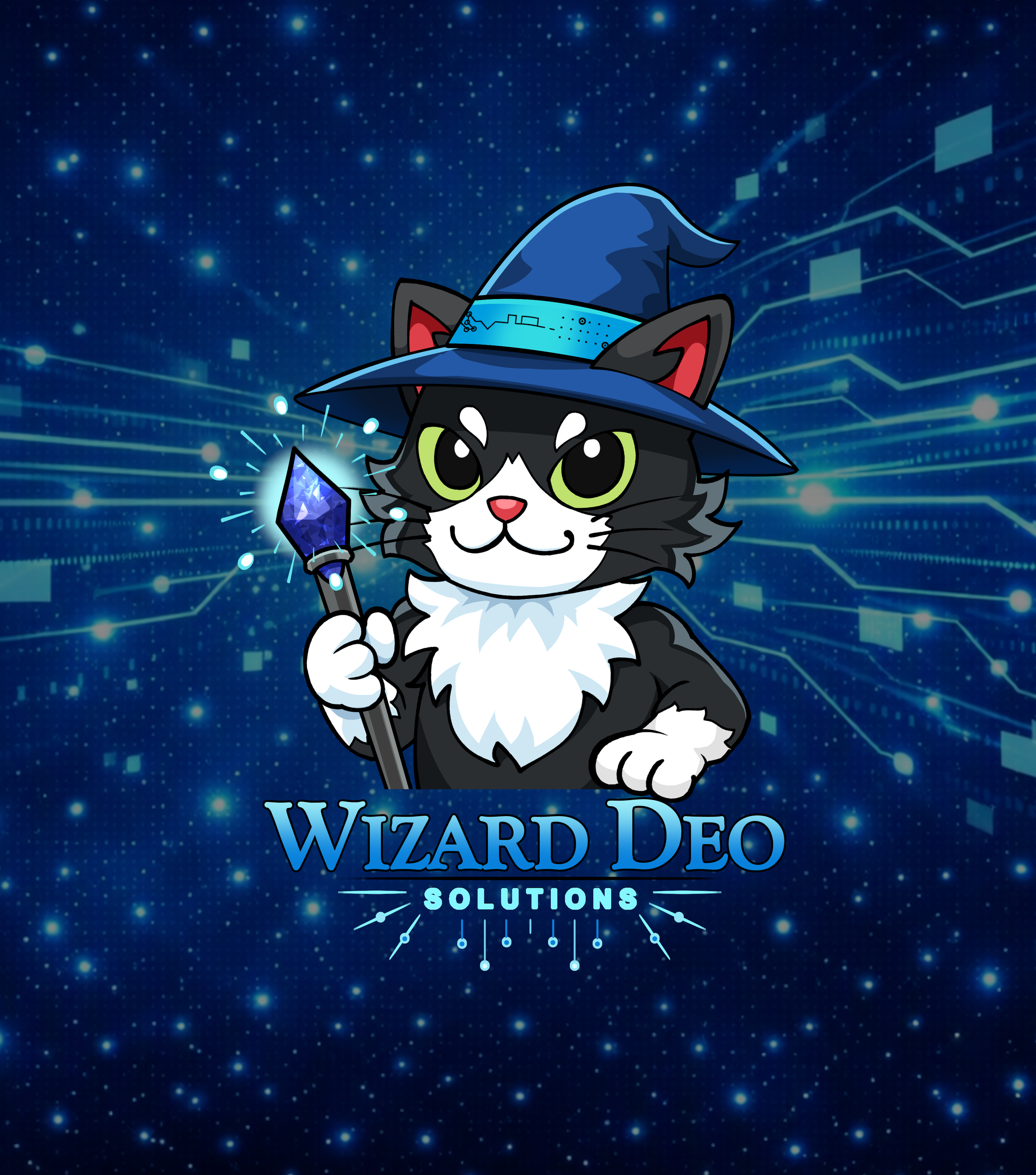 A cartoon black and white cat wearing a blue wizard hat and glasses, holding a blue crystal staff, with a digital network background. Text reads 'Wizard Deo Solutions'.