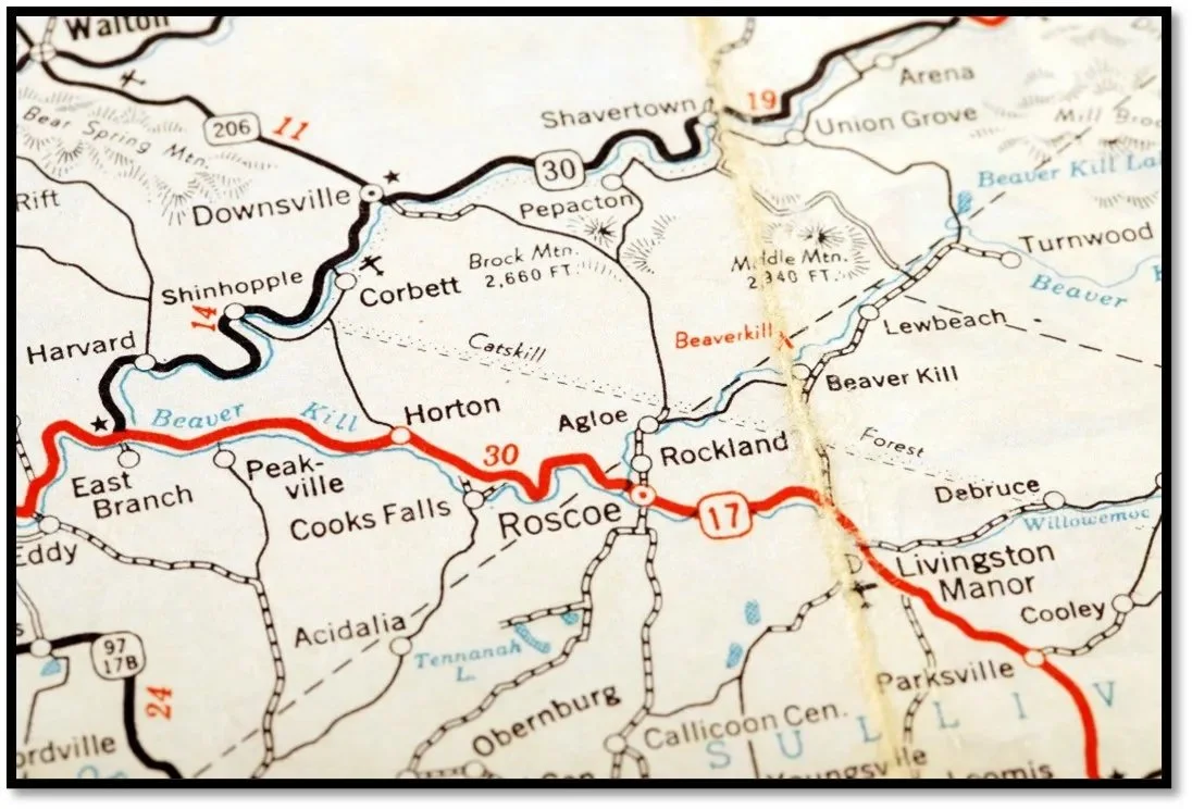 Visual of a map showing Agloe, New York.