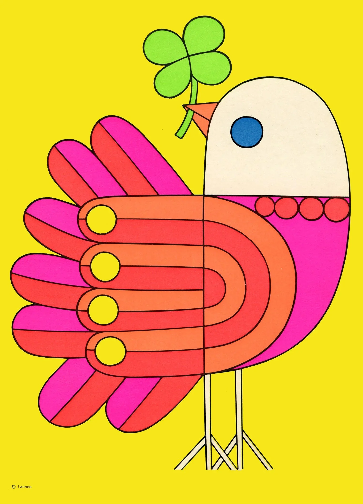 Colorful illustration of a turkey with a four-leaf clover on its head, standing on a yellow background.