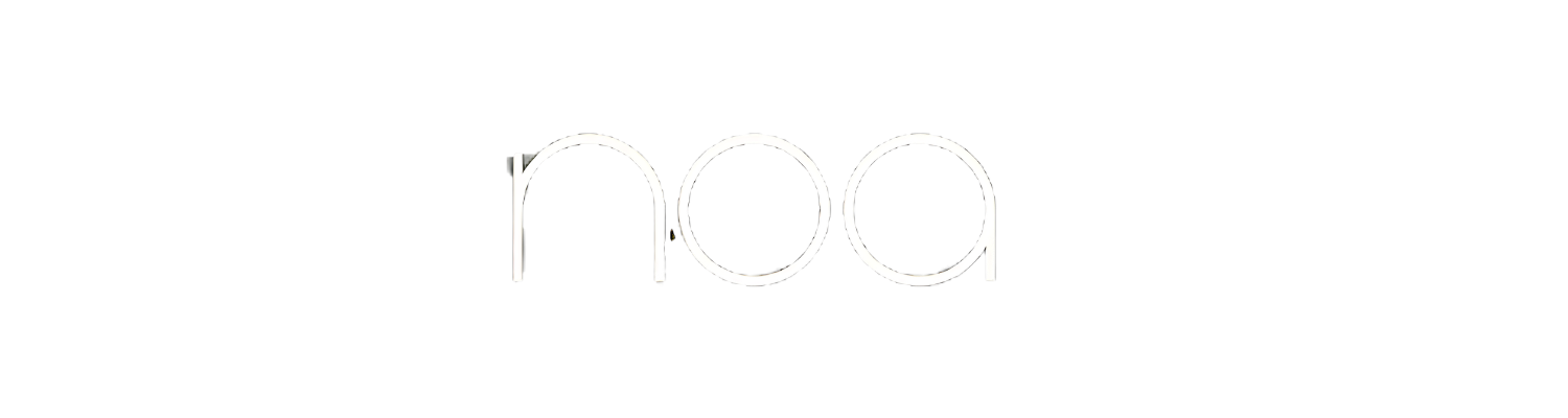 Close-up of a black background with the white lowercase word "noa" in the centre, NOA logo for