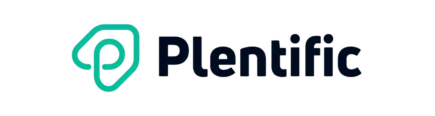 Plentific logo with a teal icon resembling a stylized pin or location marker and the company name in black text