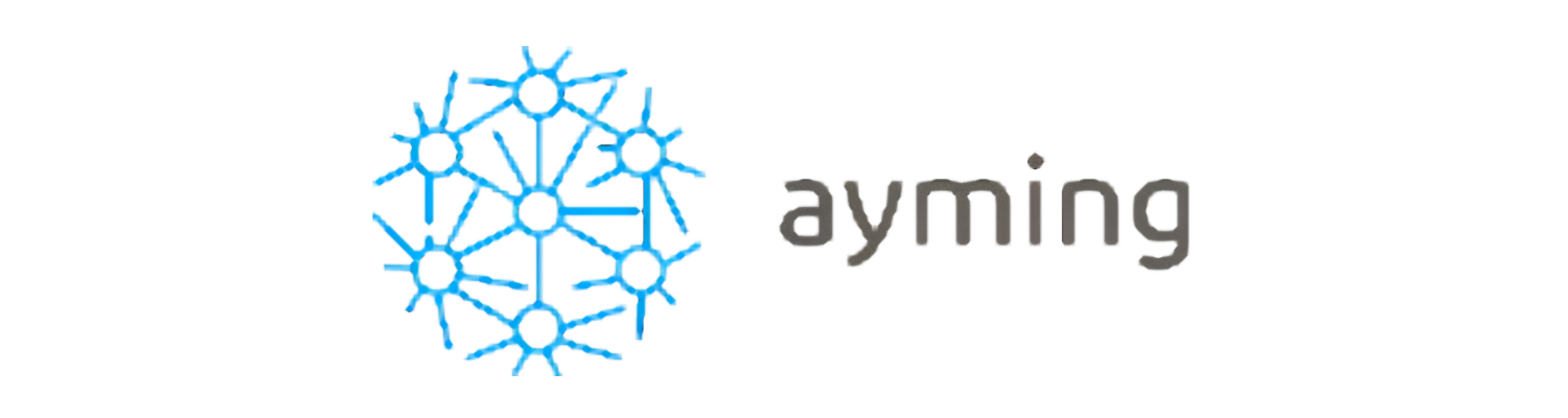 A stylized brain with interconnected nodes in blue next to the word 'Ayming' Logo on a black background.