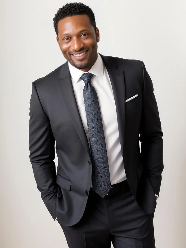 Senior Commercial Consultant Jean Bell smiling in a black suit with a white shirt and dark tie, standing against a plain white background, with his hands in his pockets.
