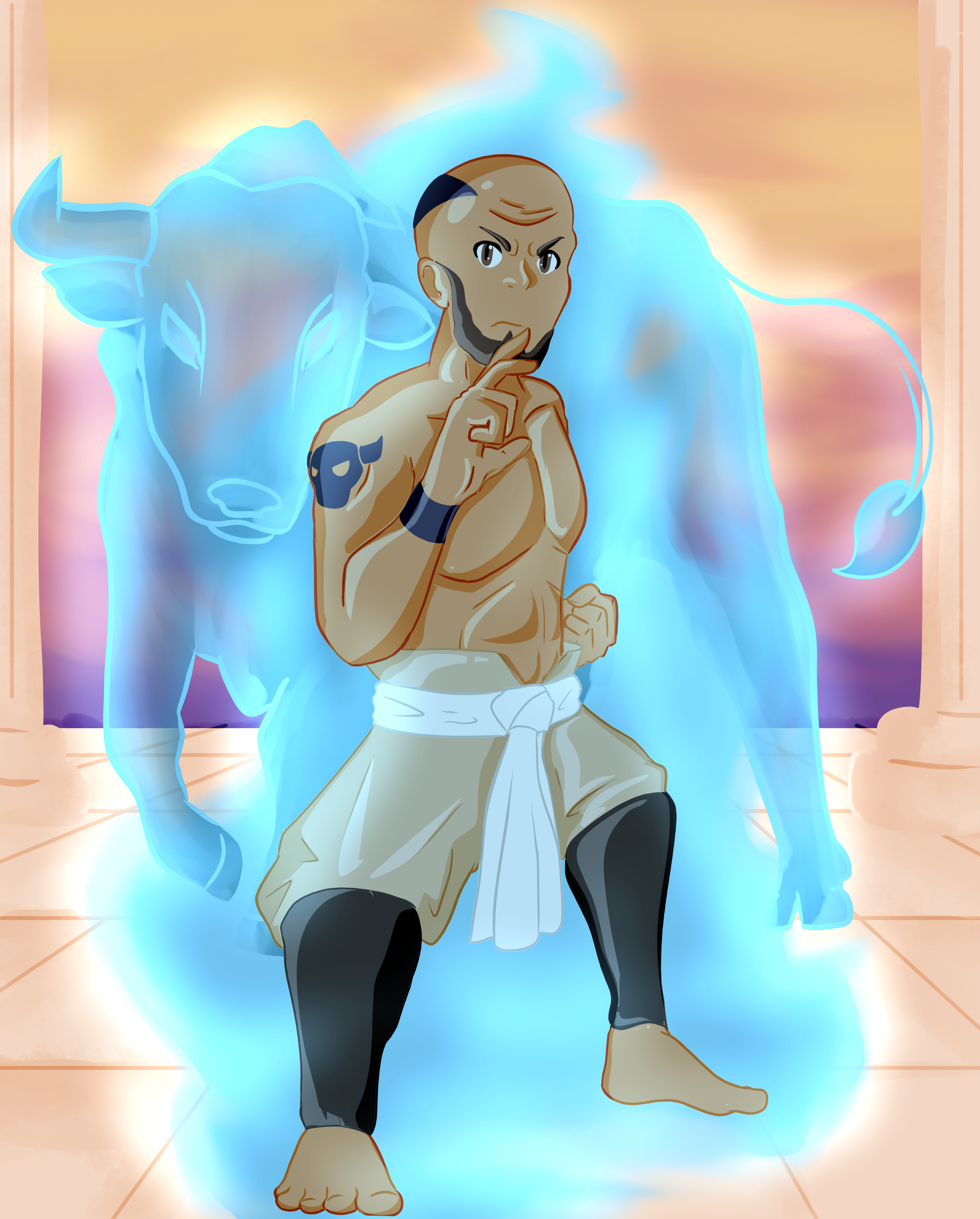 A stylized digital drawing of a muscular man with a beard, bald head, and tattoo on his upper arm, standing in a martial arts stance in front of a glowing blue energy form of a bull, with a sunset sky in the background and a tiled floor.