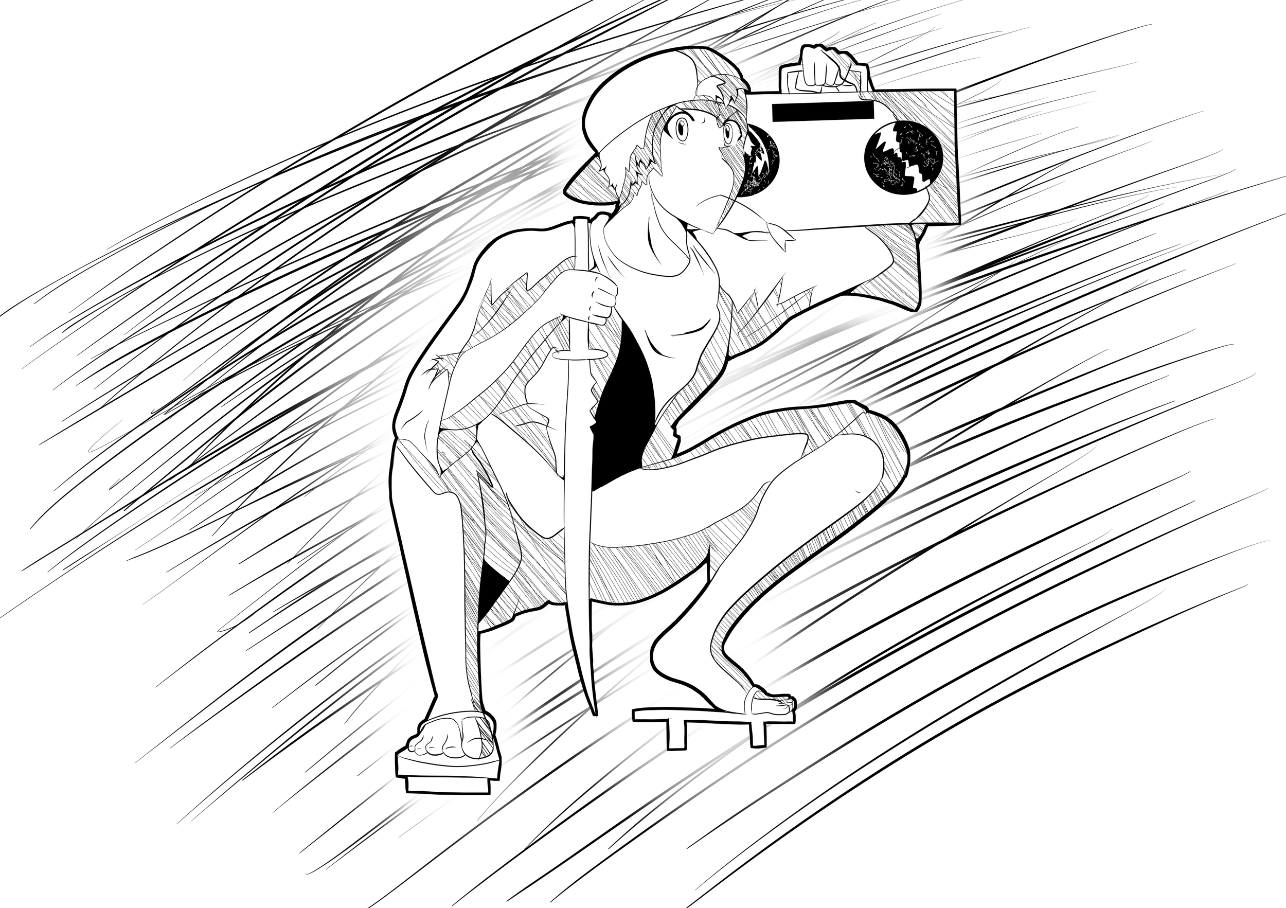A line drawing of a young girl sitting on a stool, holding a whip and using a device to practice her footwork, with a background of dynamic lines suggesting movement.