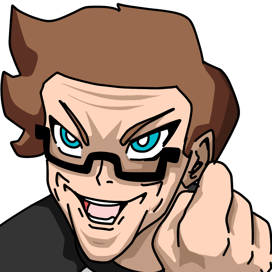 Close-up of a cartoon character with brown hair, glasses, blue eyes, and an expressive, mischievous smile, pointing towards the viewer.