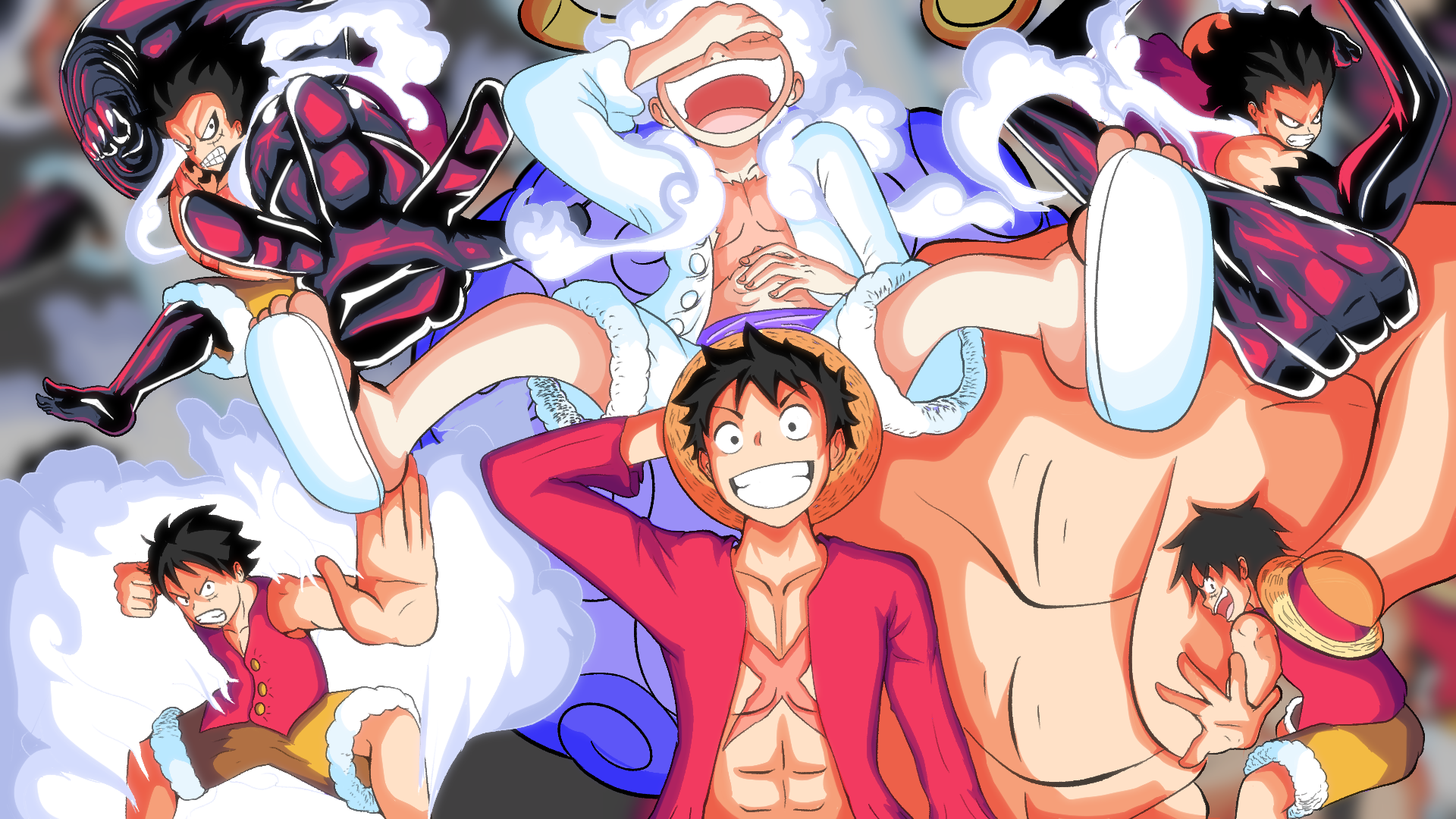 Anime characters from One Piece in various poses, some dressed in Santa Claus outfits, with a colorful background.