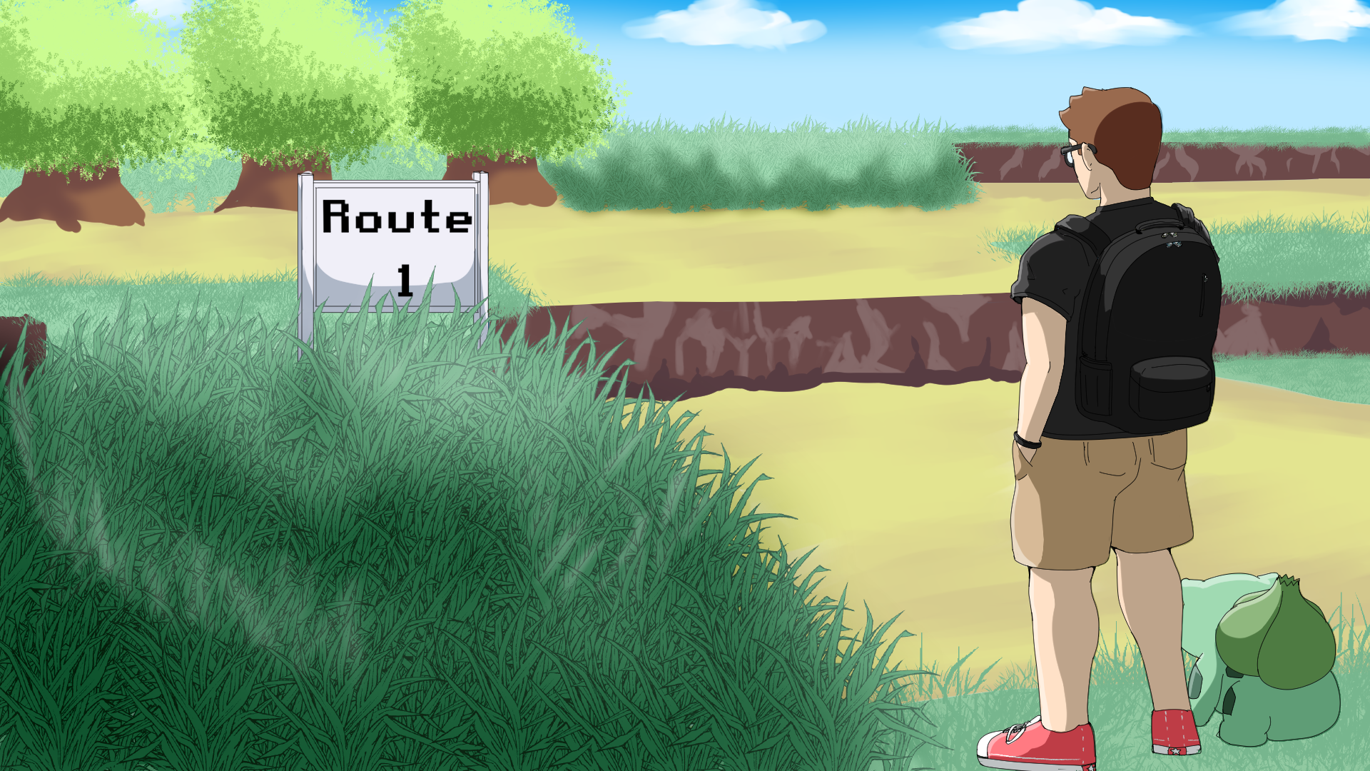 A person with brown hair, glasses, wearing a black shirt, tan shorts, red shoes, and a black backpack standing on a grassy path, looking at a sign that says 'Route 1'. There are trees and bushes in the background under a blue sky with a few clouds.