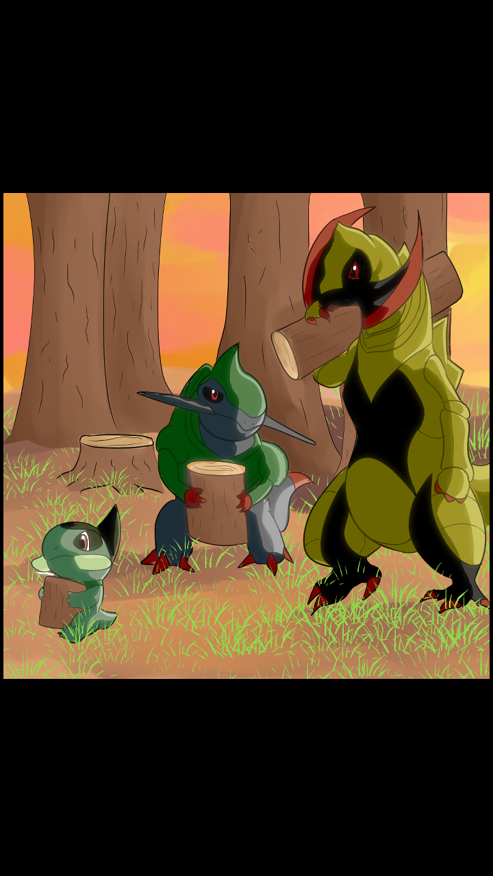 Three cartoon chameleons in a forest with trees and grass, one carrying a log in its mouth, one holding a log, and a smaller chameleon also holding a log, all with a sunset background.