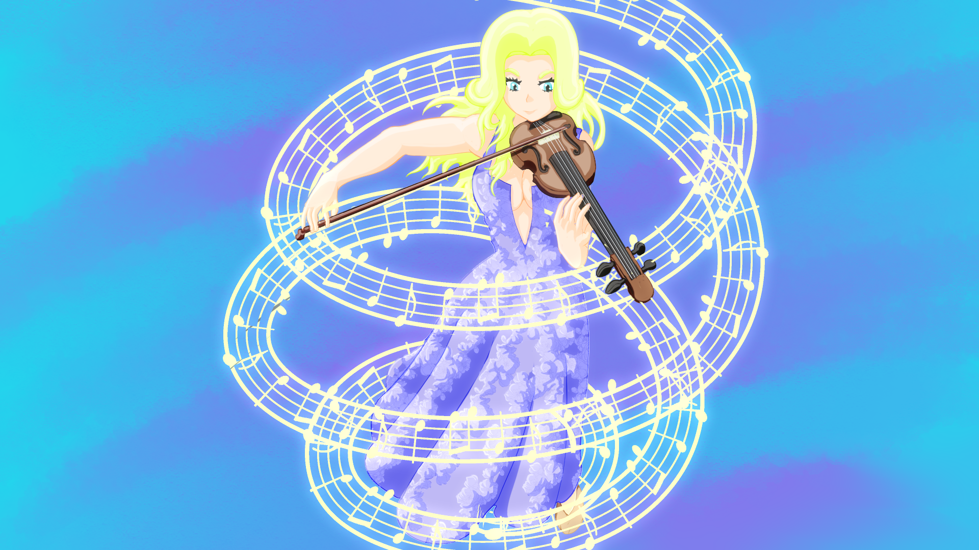 Animated girl with long blonde hair wearing a purple floral dress playing a violin with musical notes swirling around her against a blue gradient background.