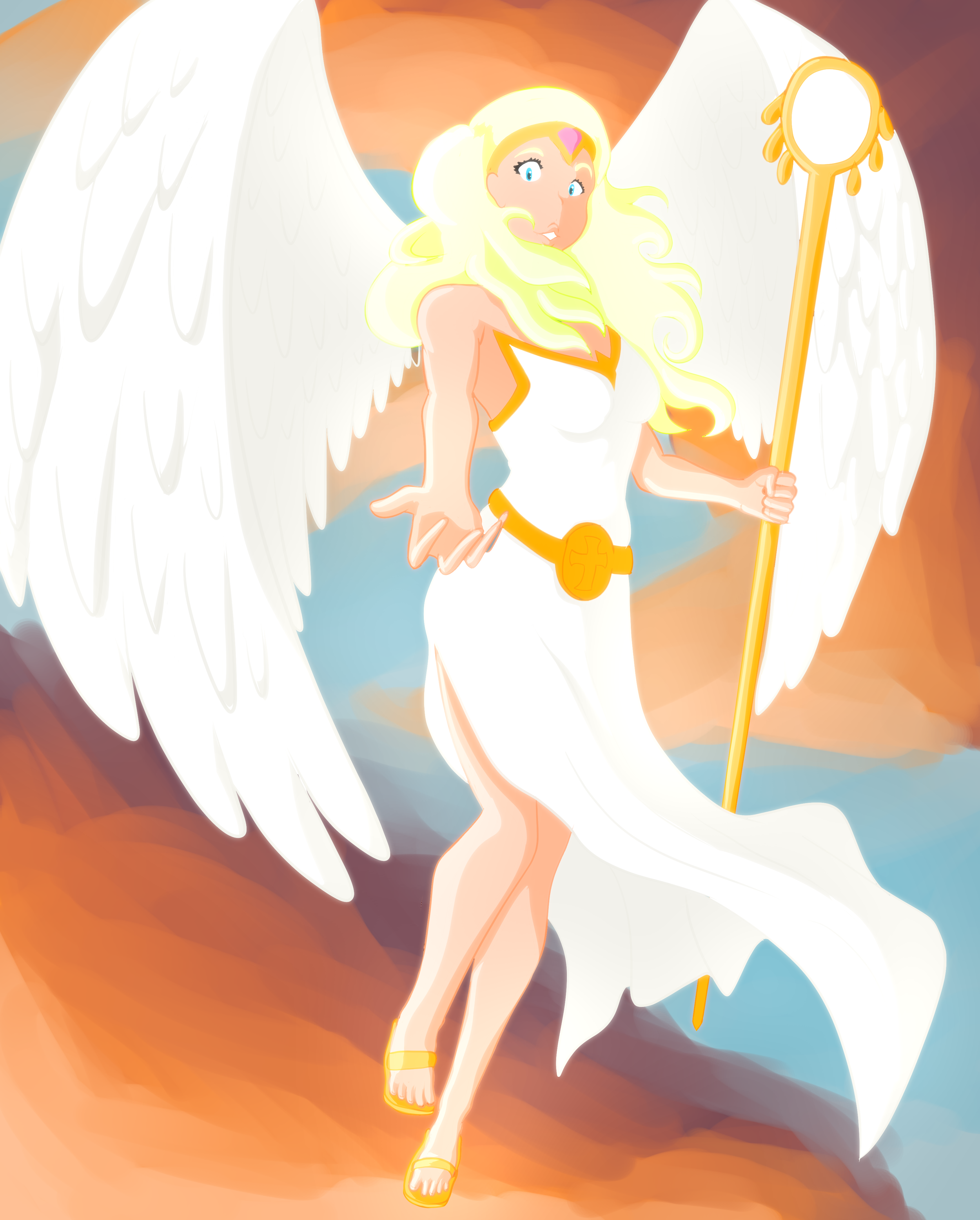 A cartoon depiction of a celestial angel with large white wings, long flowing blonde hair, and glowing features, holding a golden mirror on a staff. The angel has a surprised expression, is dressed in a white outfit with yellow accents, and is set against a vibrant, colorful background with warm tones.