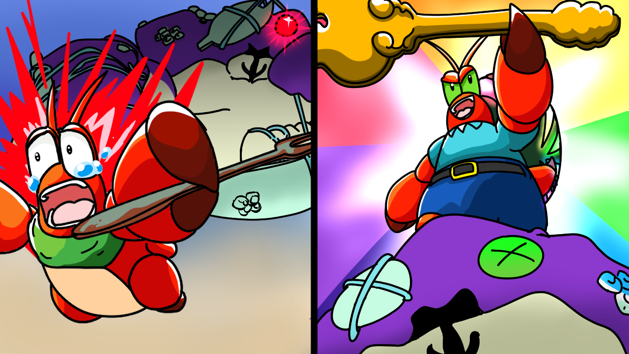 A cartoon of a crab with green eyes, orange claws, and blue shorts, appearing to be angry or shouting. The image is colorful with rainbow-like background elements and a surreal setting, including a purple and yellow backdrop with various abstract shapes.