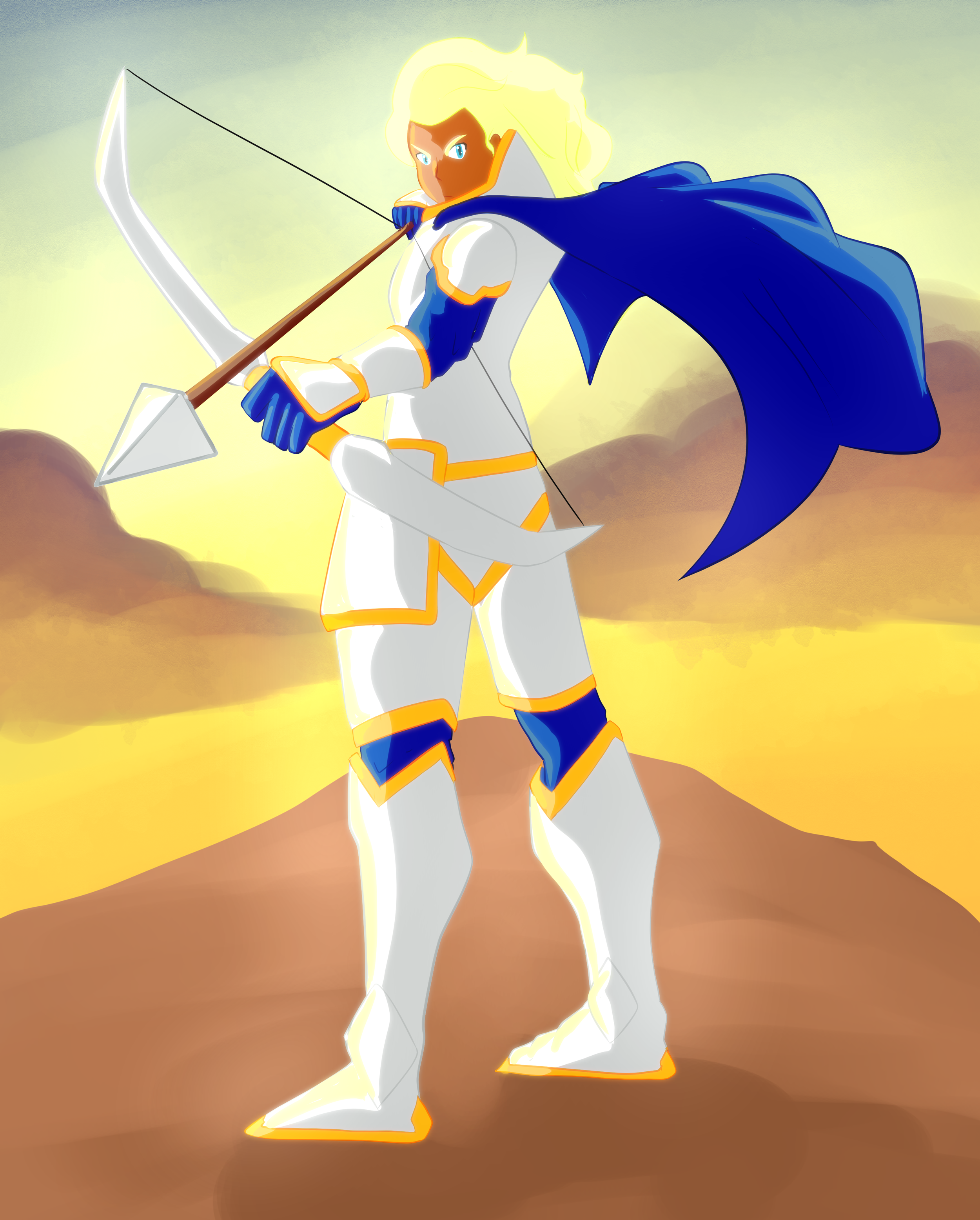Animated character with blond hair, blue eyes, and dark skin, dressed in a white and blue outfit with gold accents, holding a bow, standing on a brown, rocky landscape with a yellowish sky in the background.