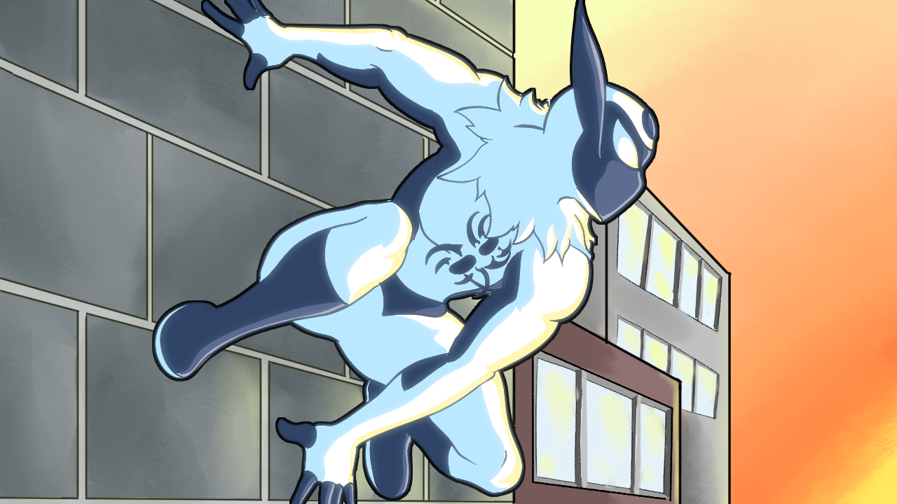 Animated character resembling a muscular lion or beast with a mask, clinging to a building at sunset.
