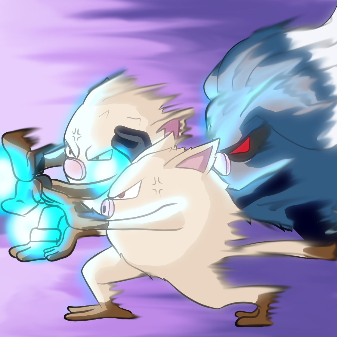 Three animated creatures, a dog, a wolf, and a fox, appear to be in battle with glowing powers, set against a purple background.