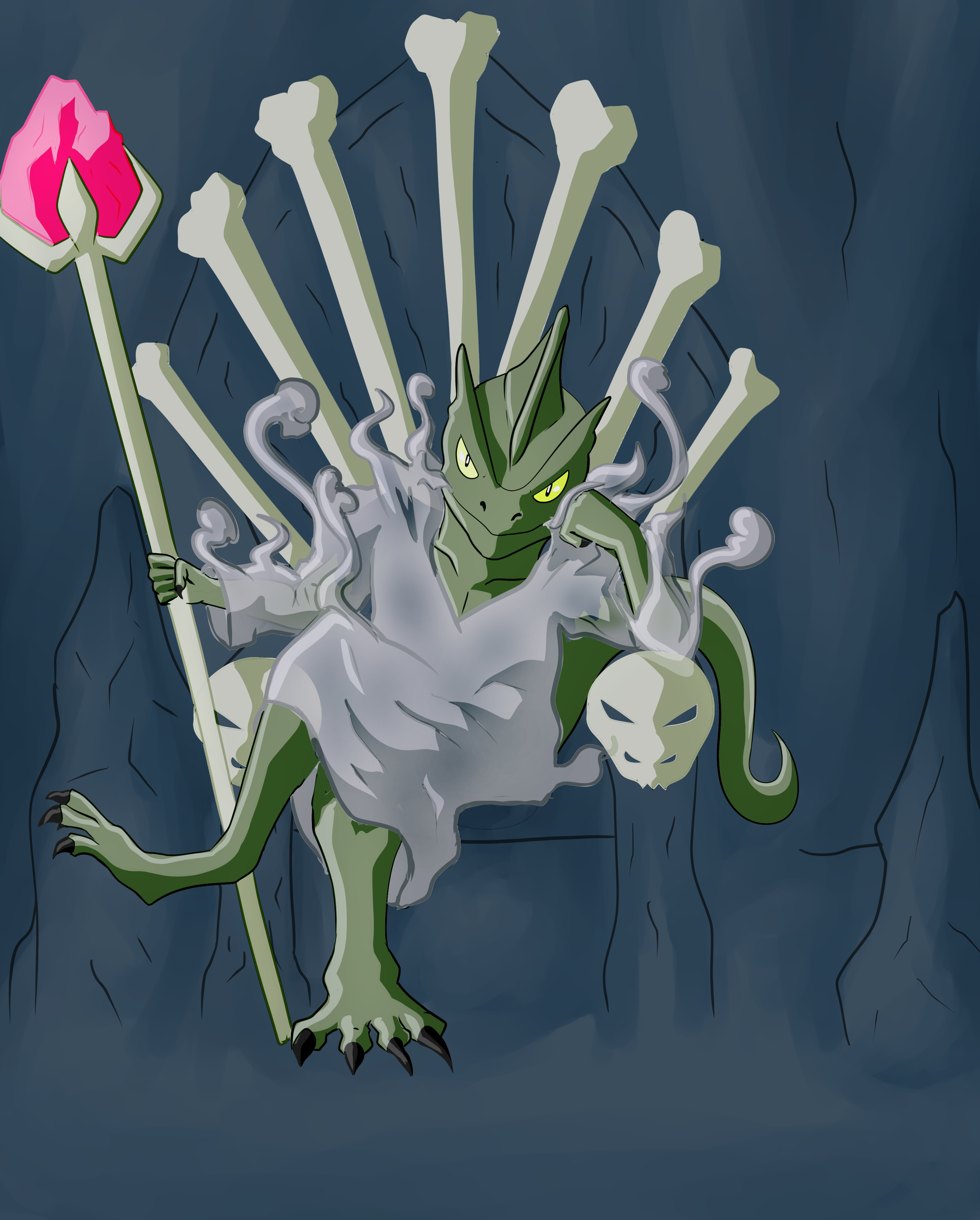 Digital illustration of a green owl with bright yellow eyes, sitting on a branch surrounded by gray smoke or mist, with a dark blue background.