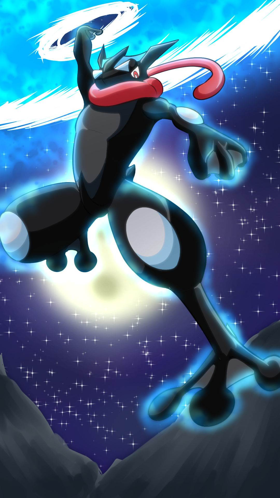 A Pokémon character, Umbreon, is flying through a starry night sky with a bright moon and glowing stars in the background. Umbreon is black with yellow rings on its body and red eyes, holding a disc above its head.