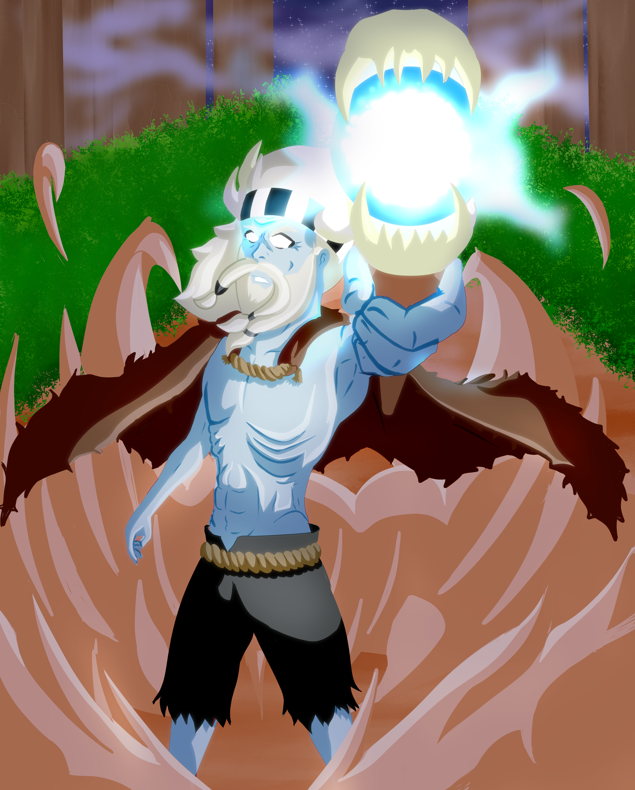 A fictional character with blue skin, white hair, and white eyes, wielding a large weapon emitting a bright glowing light, in a dynamic pose. Background features swirling energy or dust.