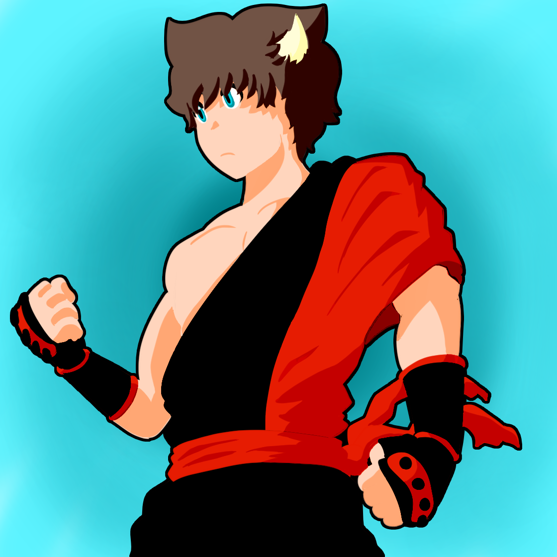 Anime-style character with cat ears, brown hair, blue eyes, and a serious expression, wearing a red and black martial arts outfit with wristbands.