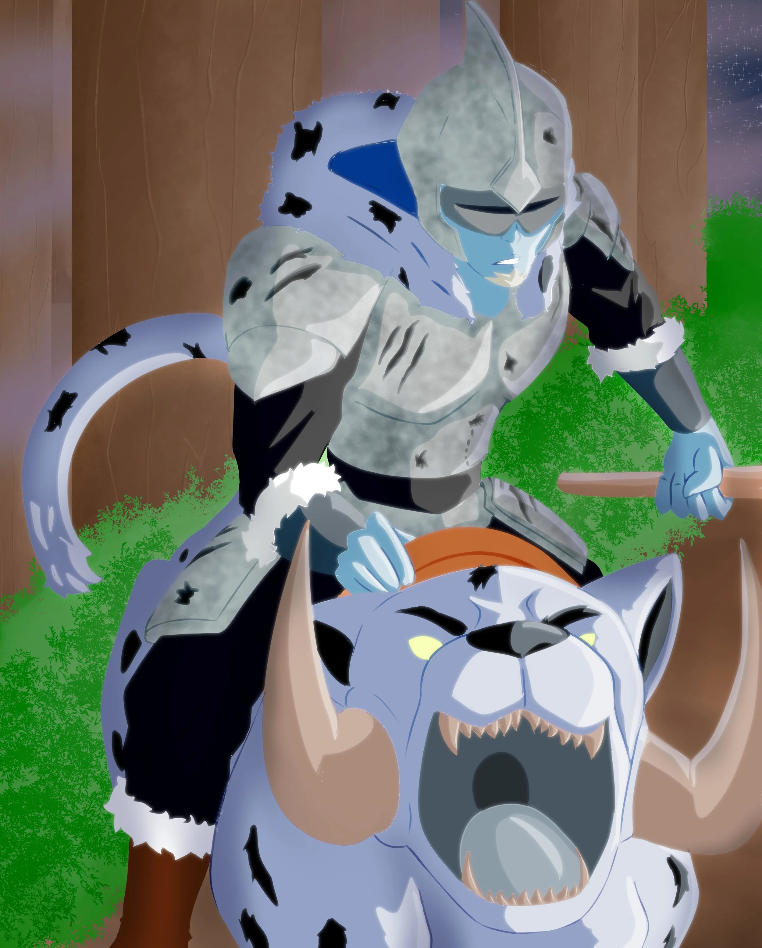 A person wearing silver armor and a helmet riding a large, wolf-like creature with bright yellow eyes and a white and gray fur coat, surrounded by green bushes and trees.