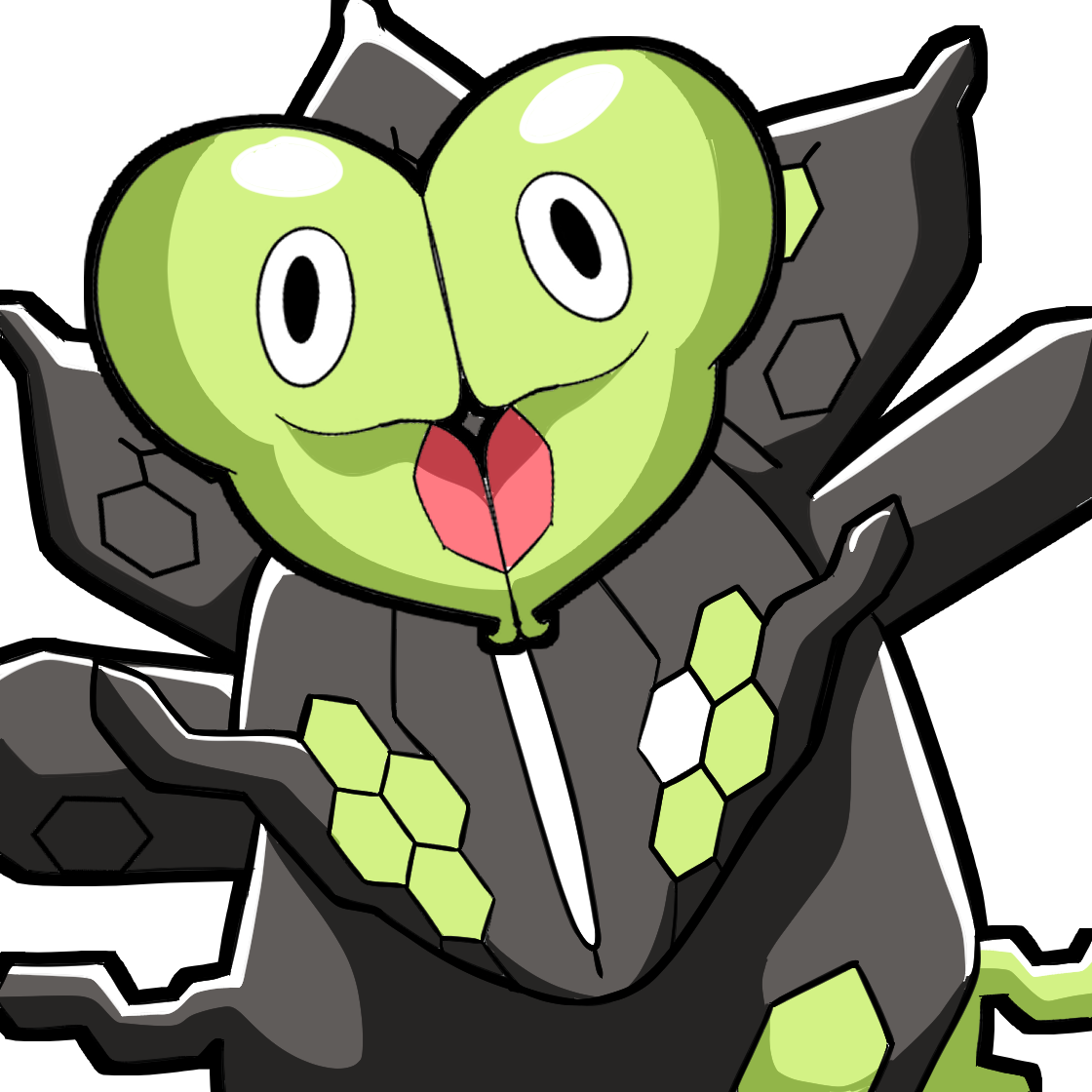 Illustration of a cartoon character with a split face resembling a green apple and mechanical parts, with wide eyes and an open mouth.