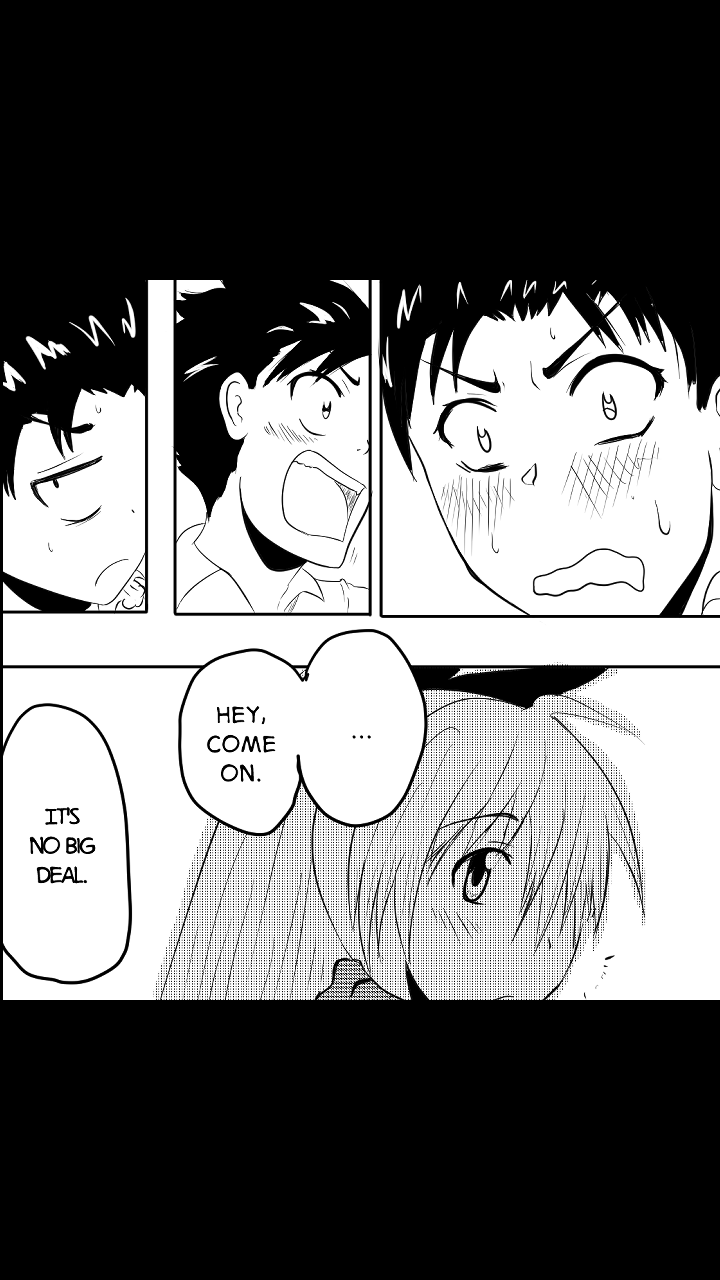 Black and white manga panel featuring three boys with shocked and blush expressions and a girl with a shy look, saying 'Hey, come on' and 'It's no big deal'.