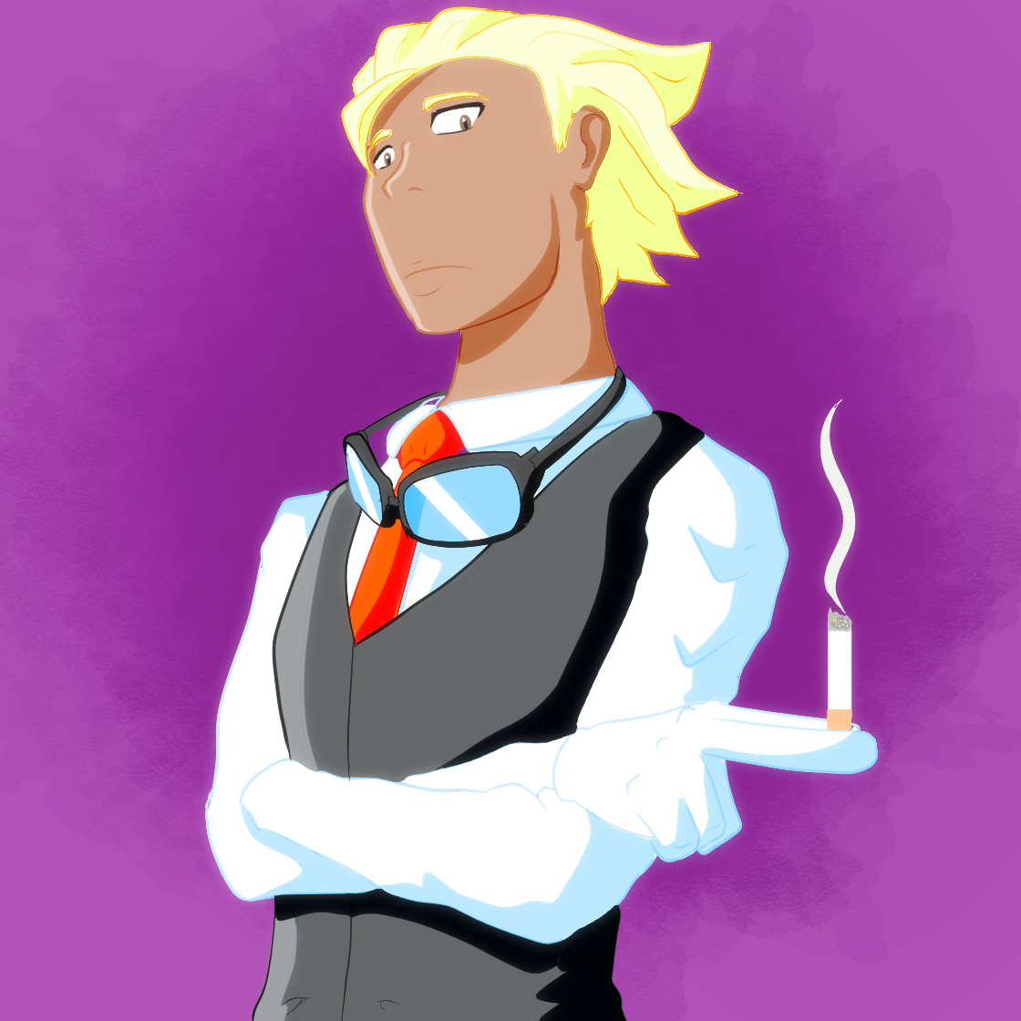An animated person with blonde hair wearing a white shirt, gray vest, and red tie holding a cigarette with smoke, and goggles around their neck, against a purple background.