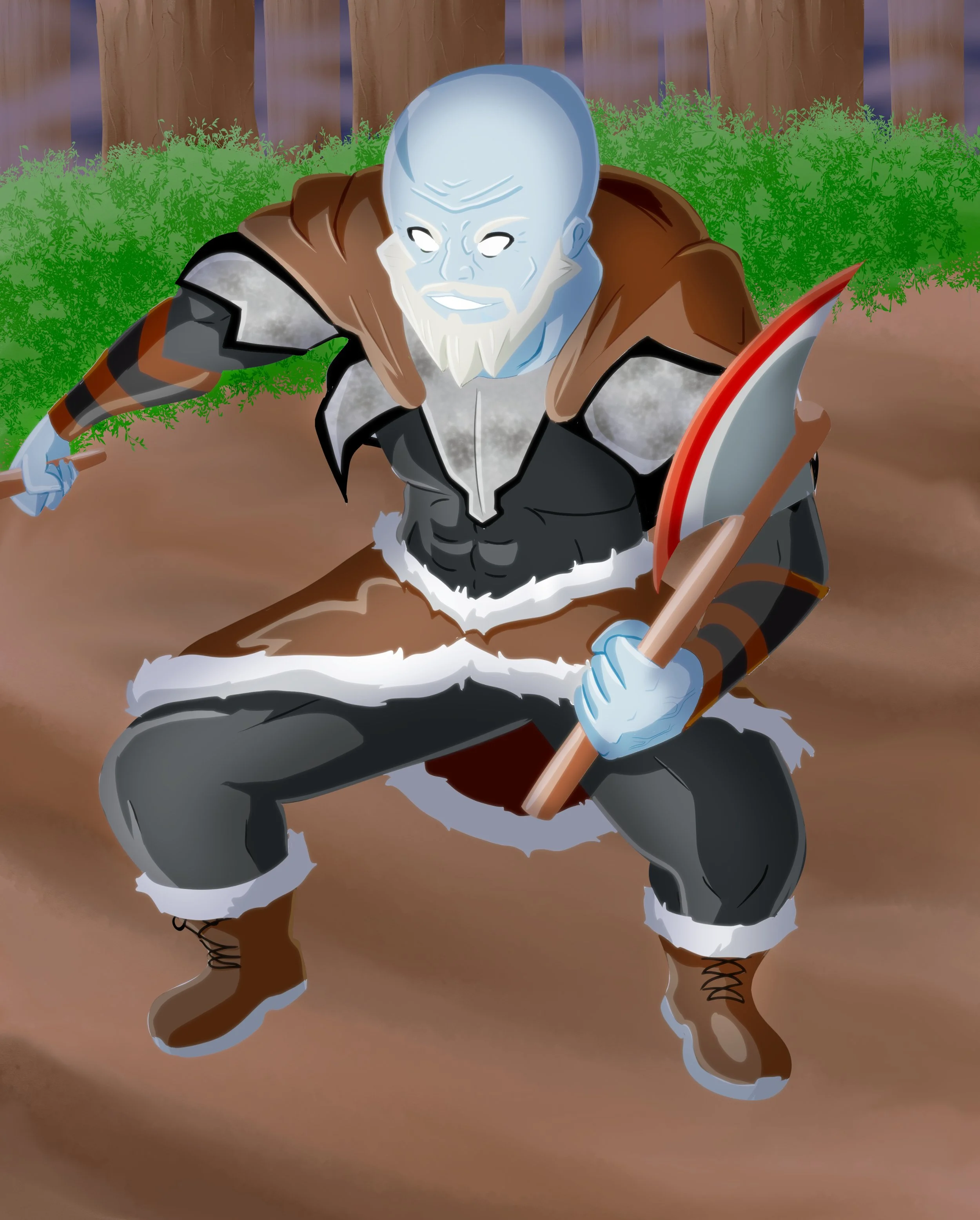 A cartoon Viking warrior with a round blue face, white beard, brown fur cape, black armor, and a shield, standing on a dirt ground in a forest with green bushes and tall trees.