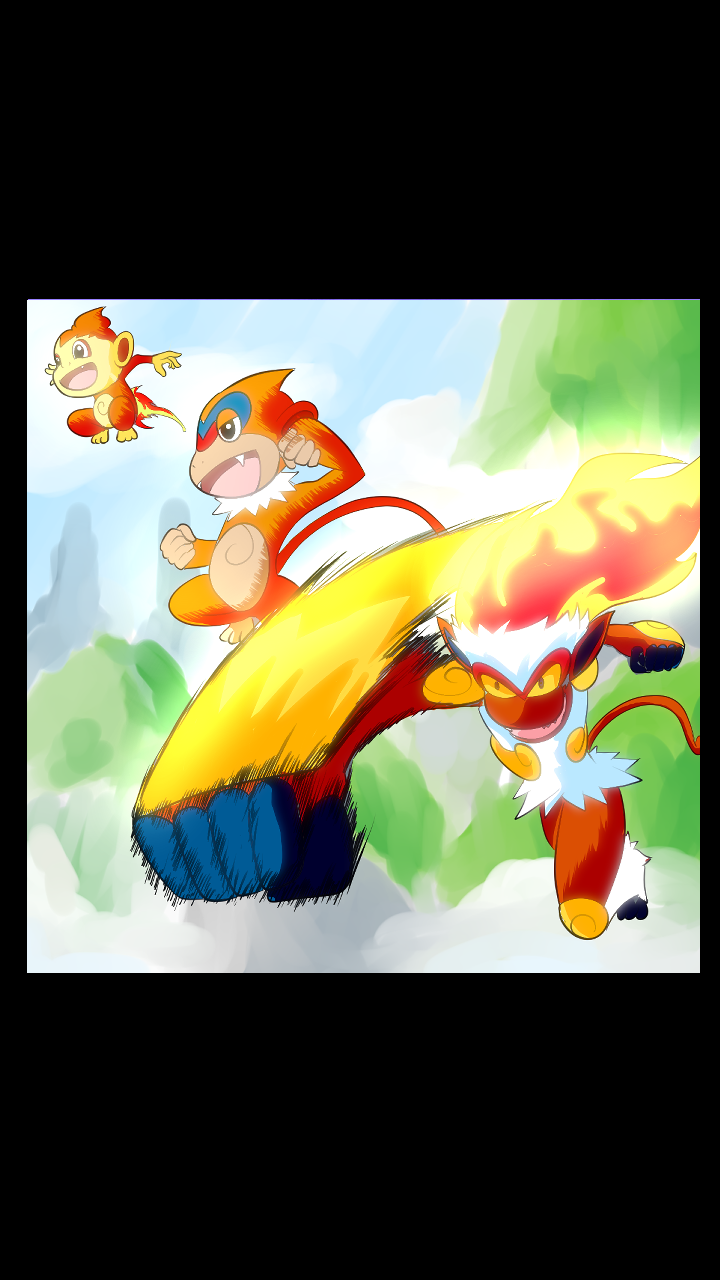 Animated scene with three monkey characters, one large with a fiery fist, swinging through a mountain landscape with clouds and green trees in the background.