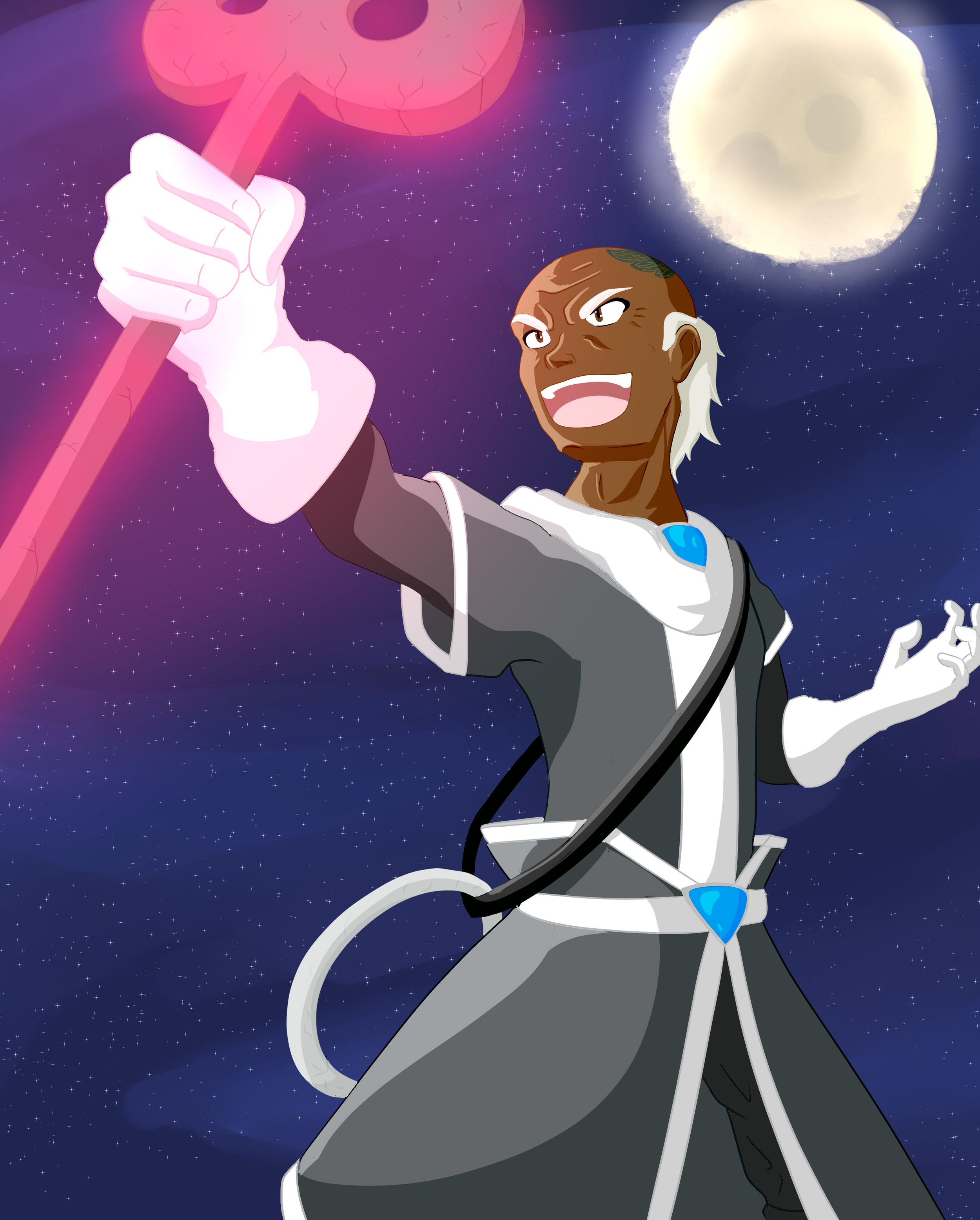 A cartoon character with dark skin, white hair, and a confident expression, wearing a futuristic outfit with a space background and a large full moon in the sky. The character is holding a pink, cracked lollipop.