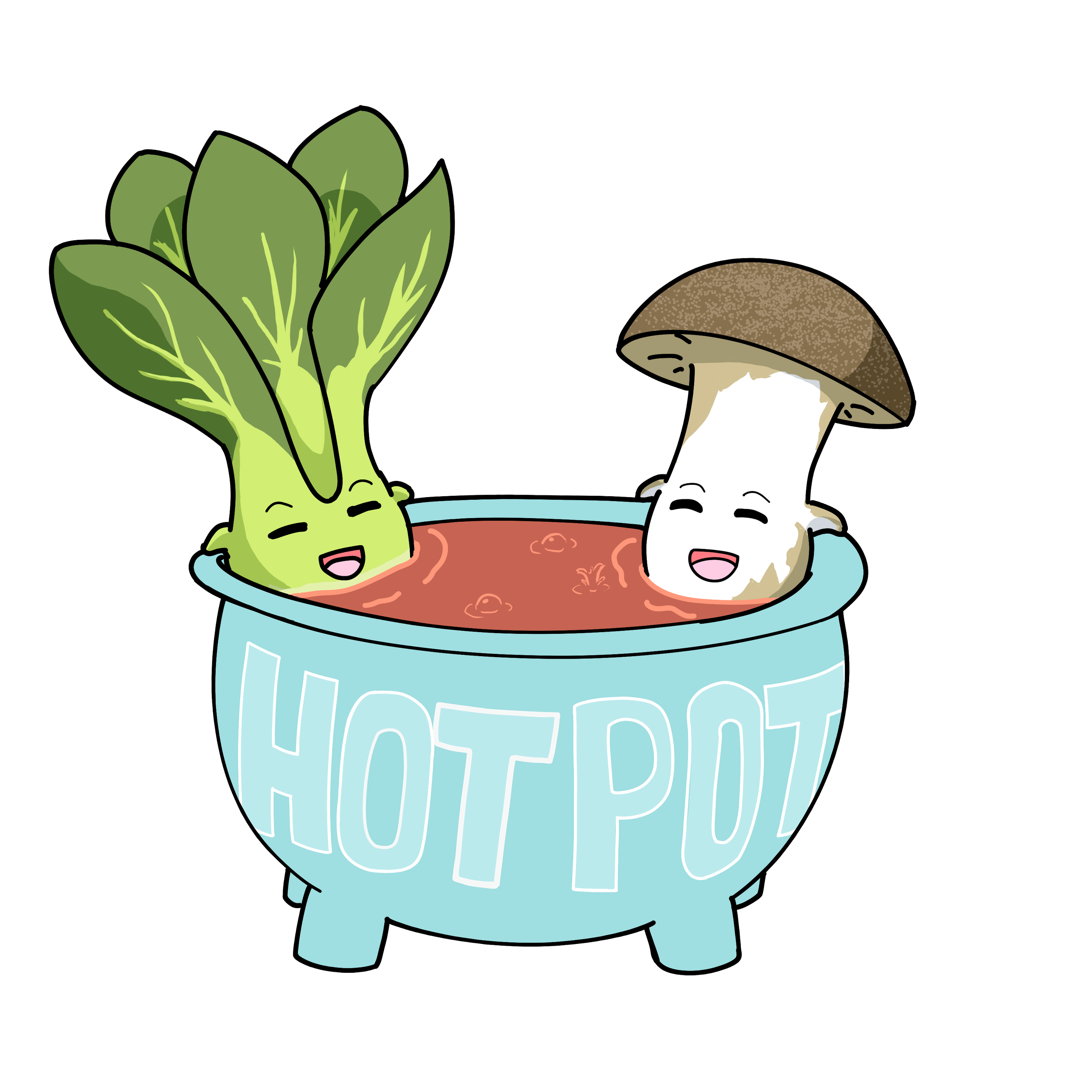 Cartoon illustration of a lettuce with a smiling face and a mushroom with a happy expression, both in a bowl of tomato soup.