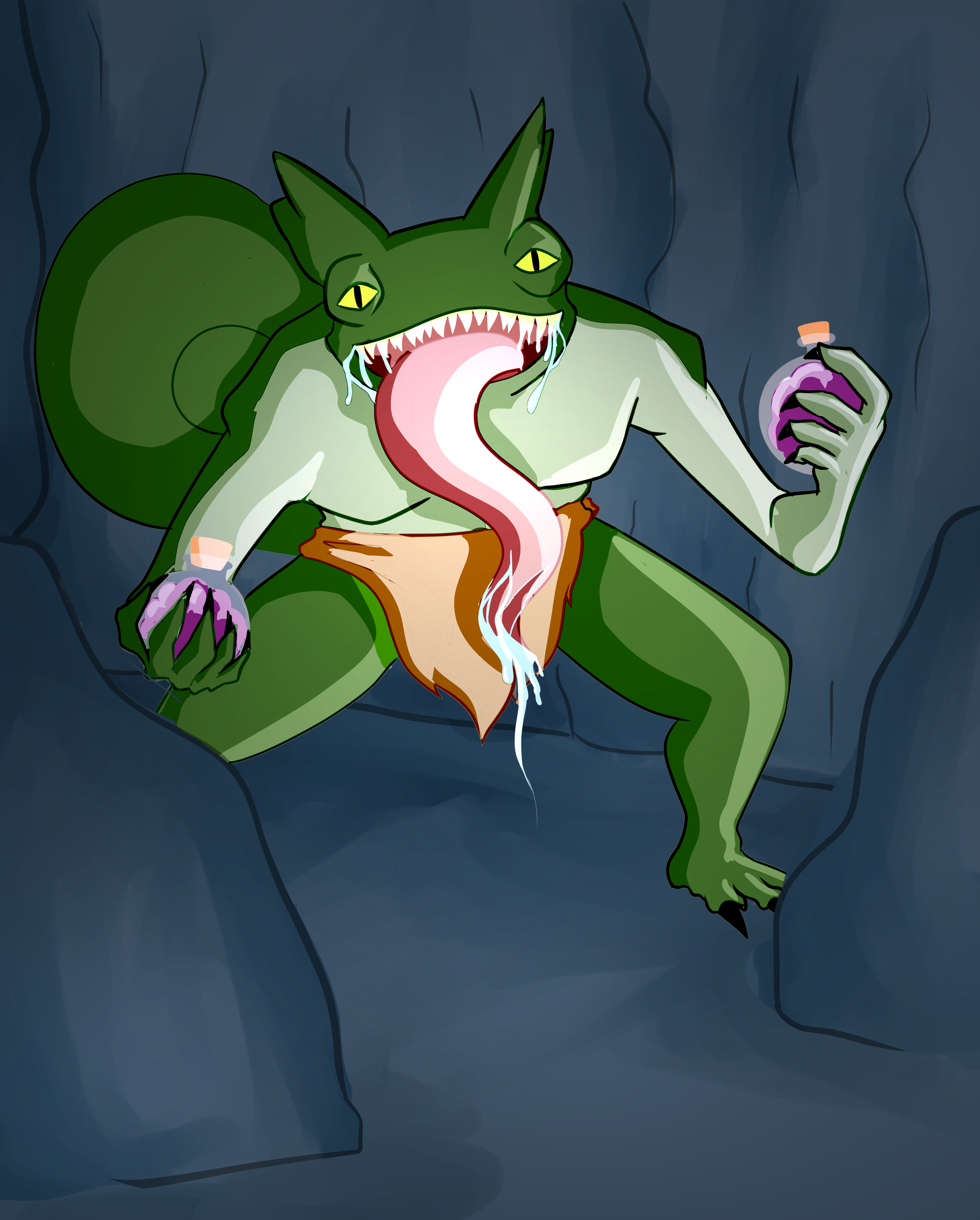 Animation of a green dragon with large ears, sharp teeth, and drooling, holding a potion bottle in a dark cave.