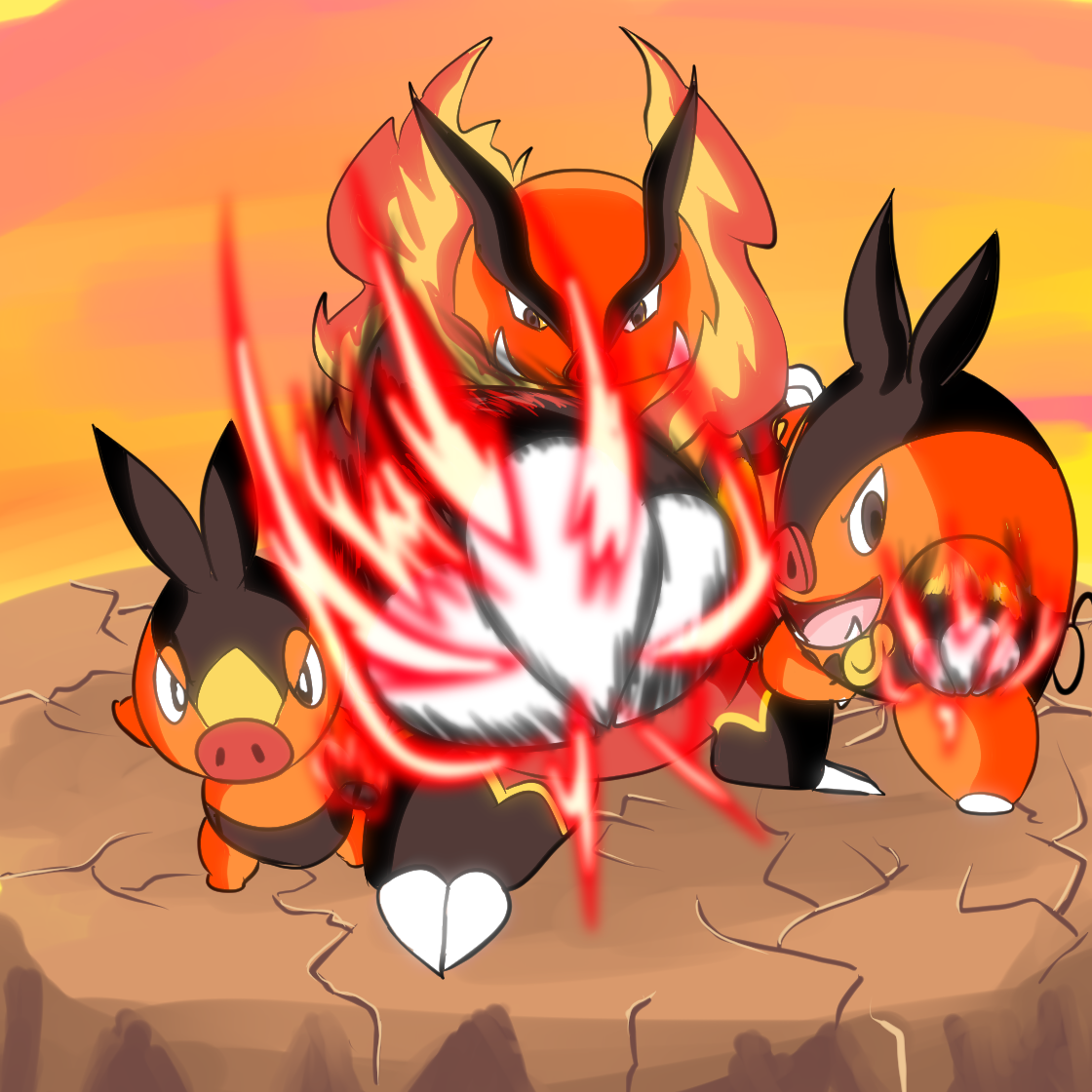 A cartoon scene of four small and large Pokémon characters on a cracked earth ground during sunset. The central figure is a large, black and orange Pokémon with a fiery attack emitting red and white energy. To the left, a small Pokémon with a pig-lik