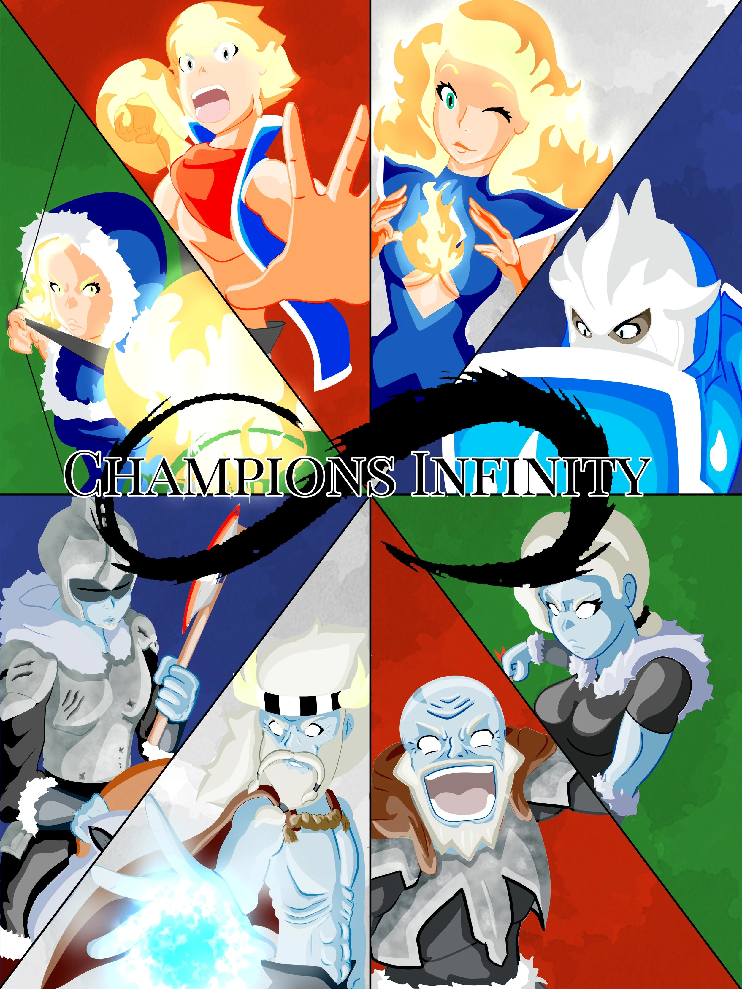A collage of characters from the game Champions Infinity, featuring various fantasy characters with magical powers and armor, arranged in a dynamic composition with bold colors and action poses.
