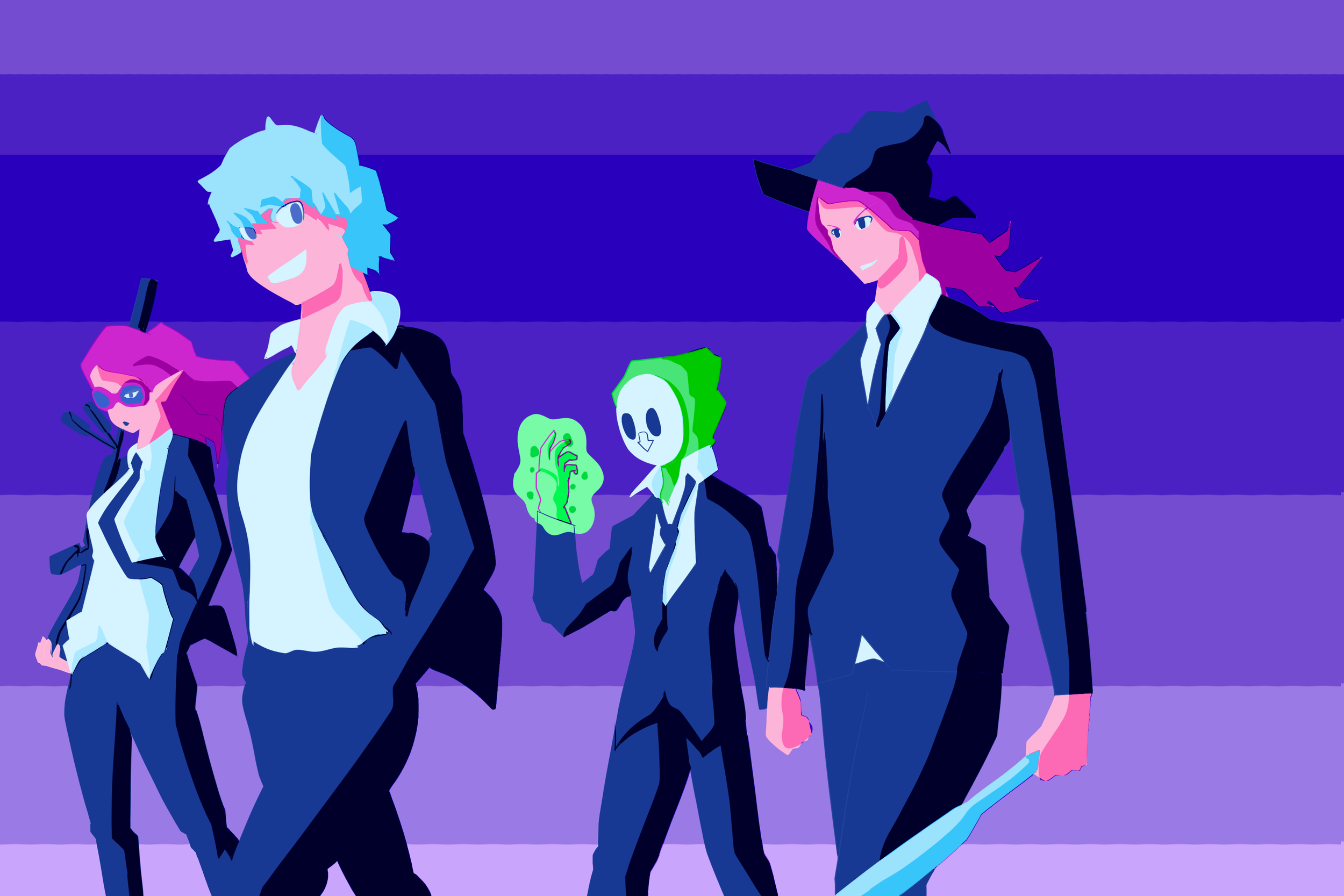 Stylized illustration of five characters in dark suits walking together against a purple background. One character holds a sword, another is holding a green skull, and one has pink hair and a witch's hat.