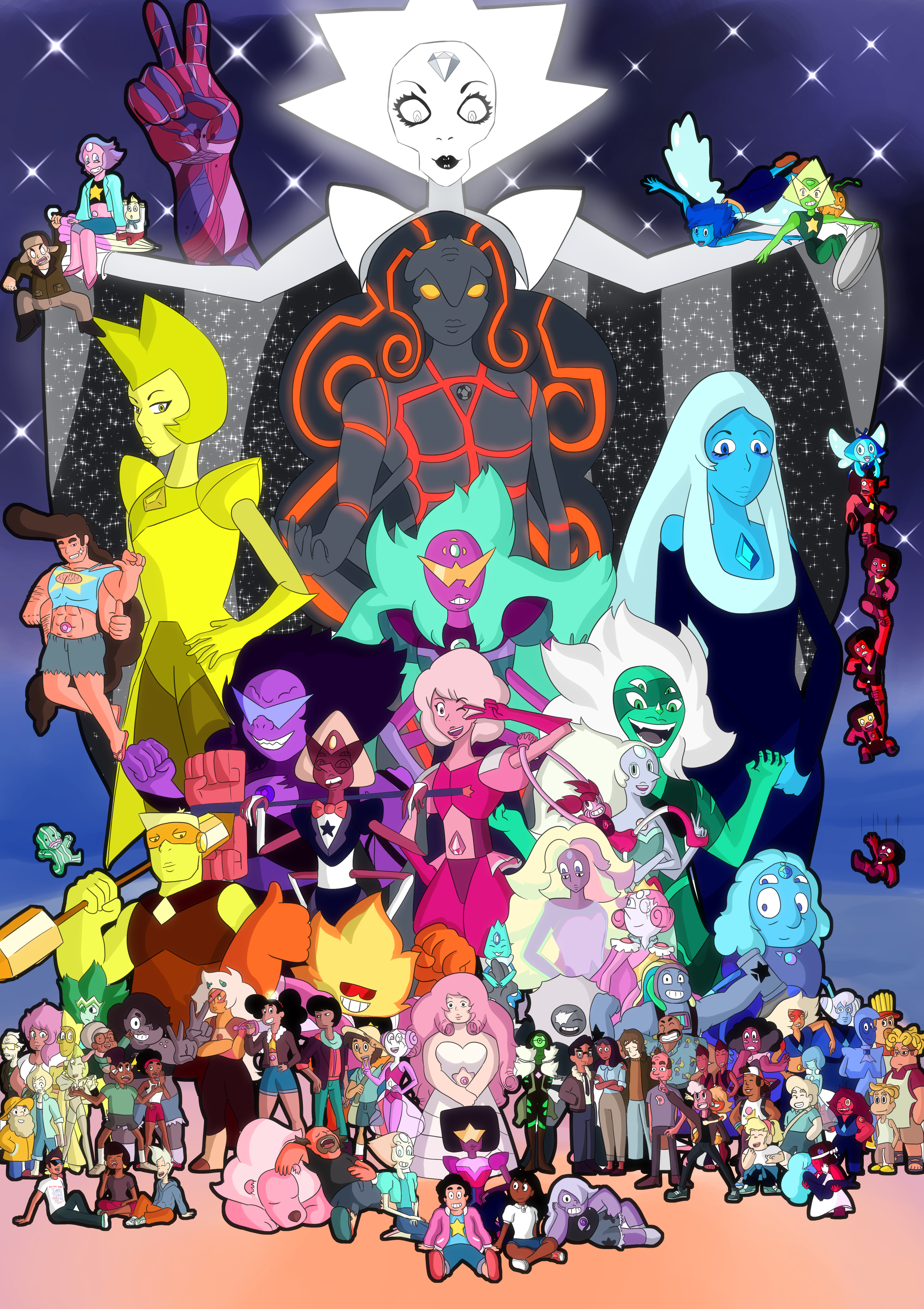 A large digital illustration of numerous cartoon characters from the animated series Steven Universe, arranged in a pyramid shape with a dark, starry background.