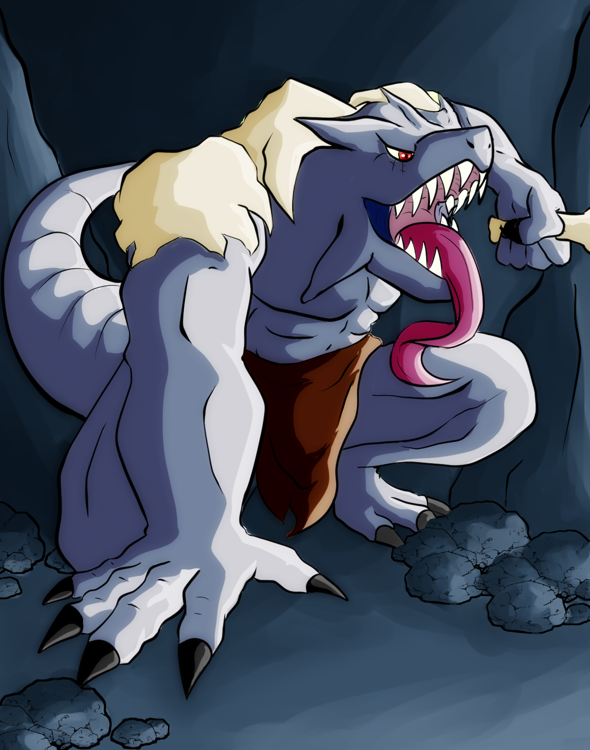 A cartoon depiction of a fierce, anthropomorphic creature with fangs, claws, and a long pink tongue in a dark, rocky environment.
