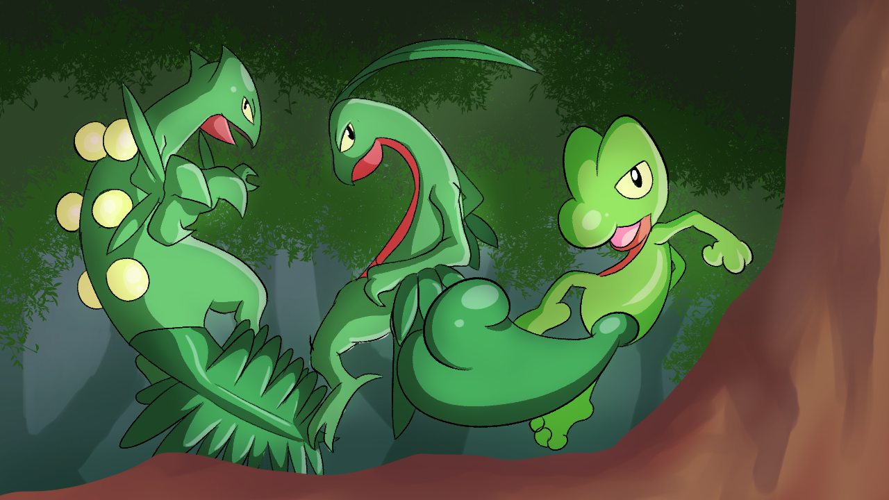 Three cartoon-style plant Pokémon characters interacting in a forest setting.