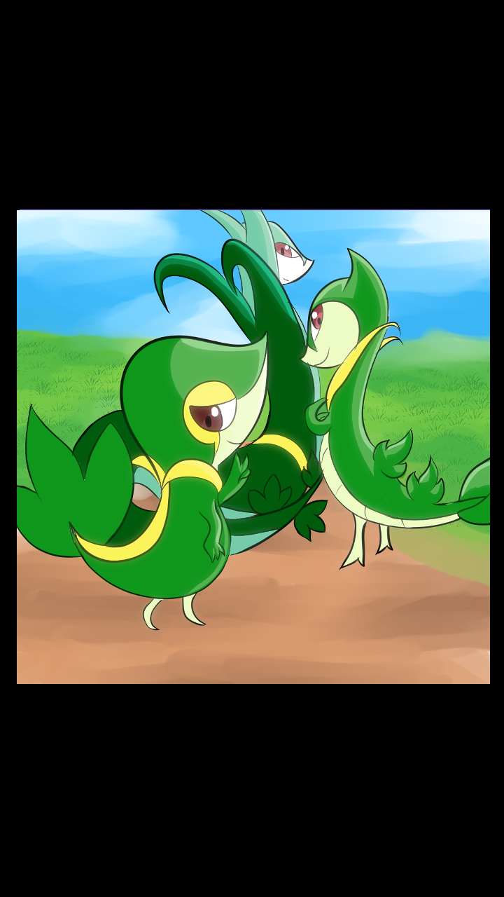 Three cartoon-style leafy green dragons with large eyes, standing on a grassy field with a blue sky in the background.