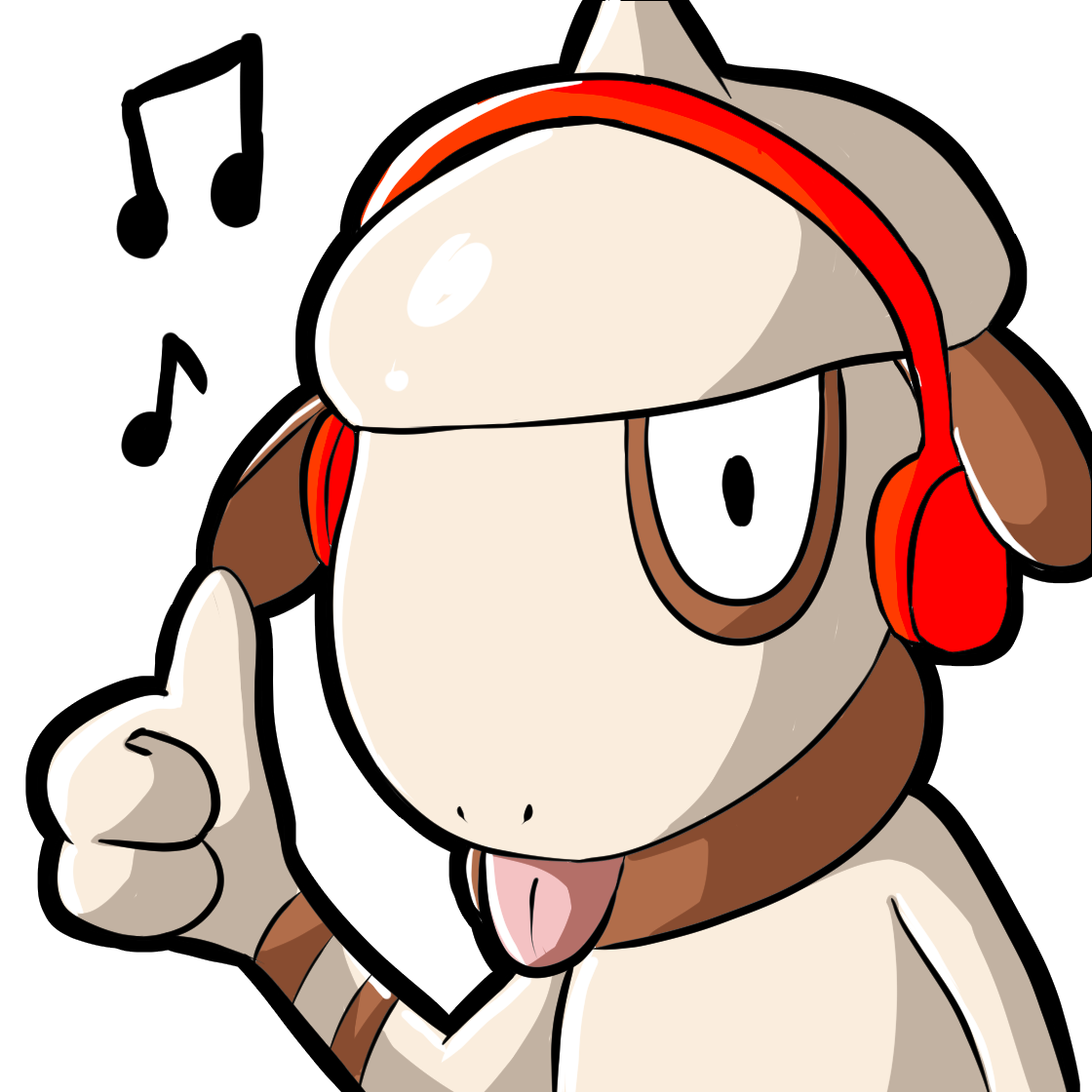 Cartoon dog wearing red headphones, winking, sticking out tongue, and giving a thumbs-up gesture.