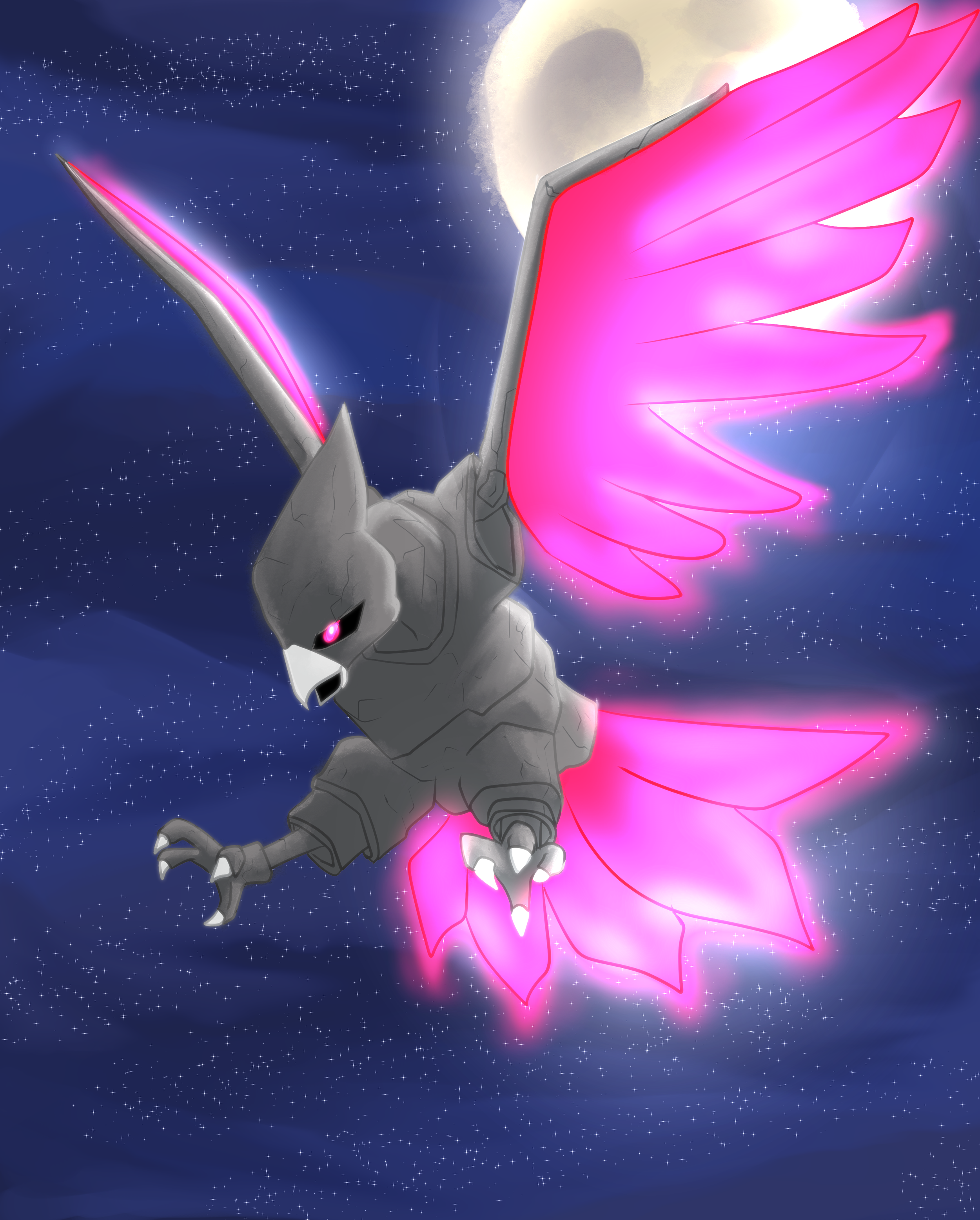 A robotic wolf with pink glowing wings flying in space with stars and a bright moon in the background.