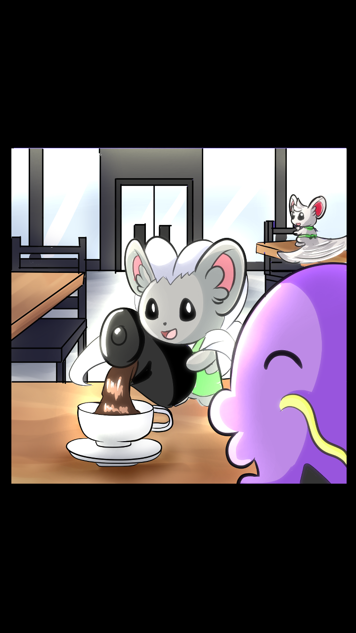 A cute cartoon scene in a cafe with tweety mouse pouring hot chocolate into a cup while another small mouse sits at a table in the background. A purple creature is visible in the foreground.