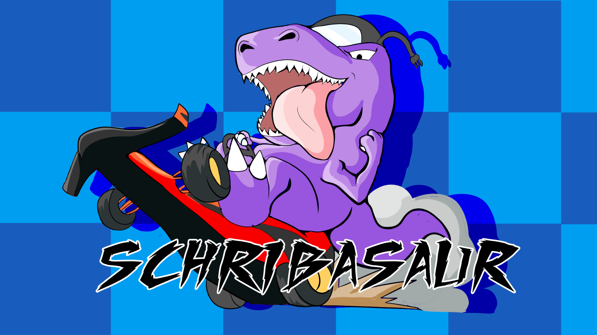 A cartoon purple T-Rex dinosaur riding a red skateboard with black wheels against a blue checkered background. The dinosaur has sharp teeth, a long tongue, and three white claws on each hand. The word "Schrubasaur" appears at the bottom in jagged bla