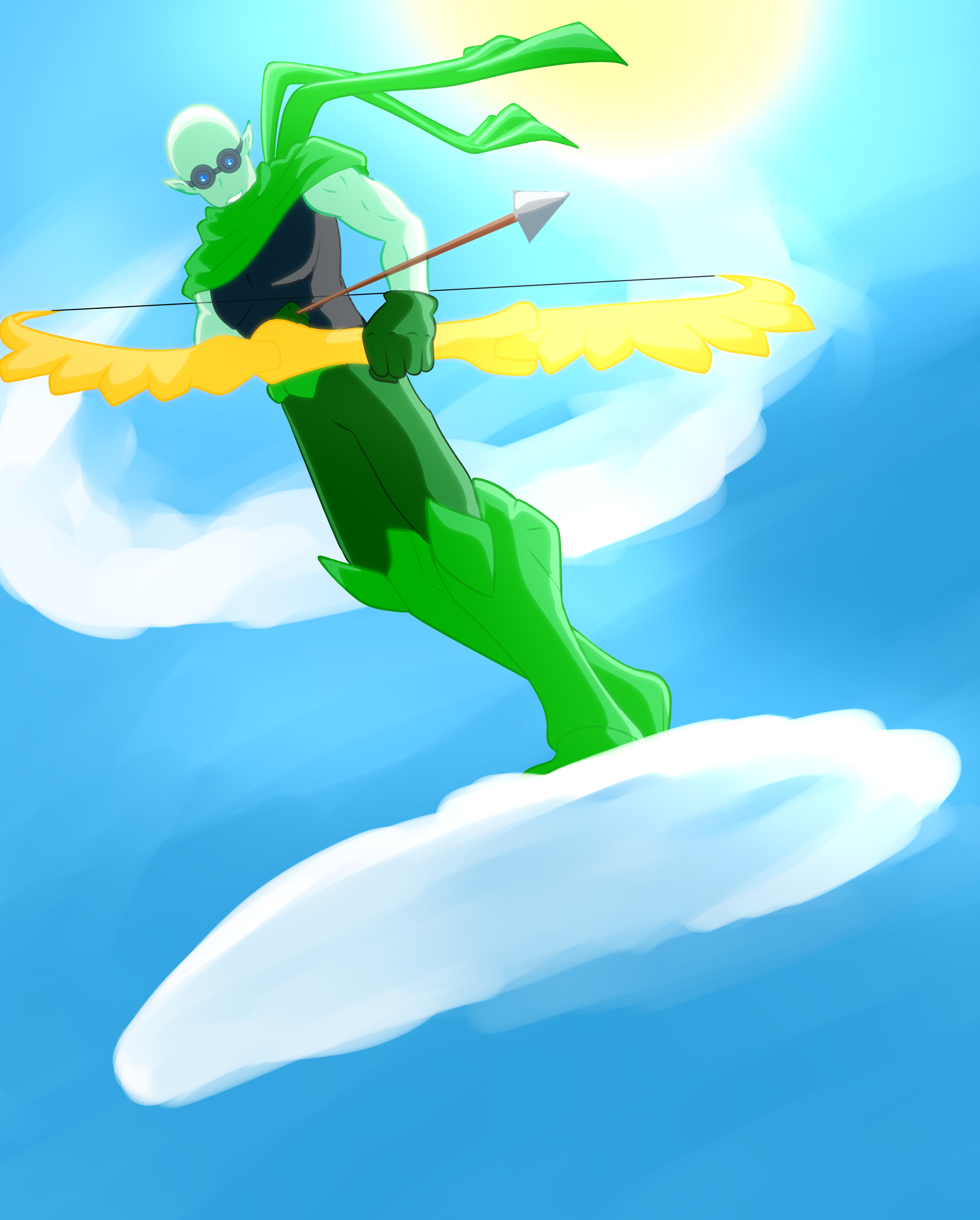 Animated green humanoid character with wings flying in the sky, holding a spear, surrounded by clouds, with a bright sun in the background.