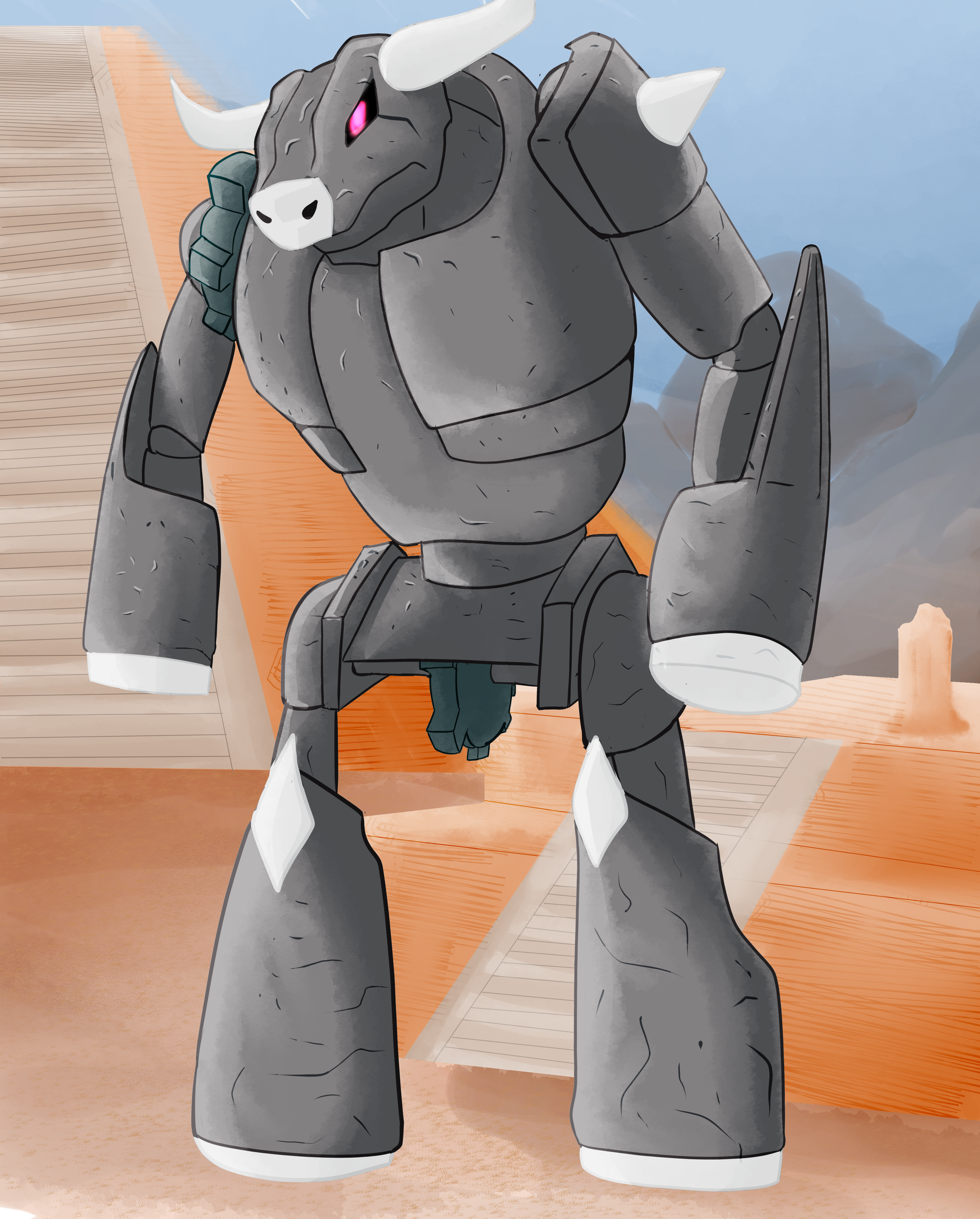 A large, gray, robotic creature with white horns, a white snout, and glowing pink eyes, standing outdoors on a wooden platform or stage with mountains and blue sky in the background.