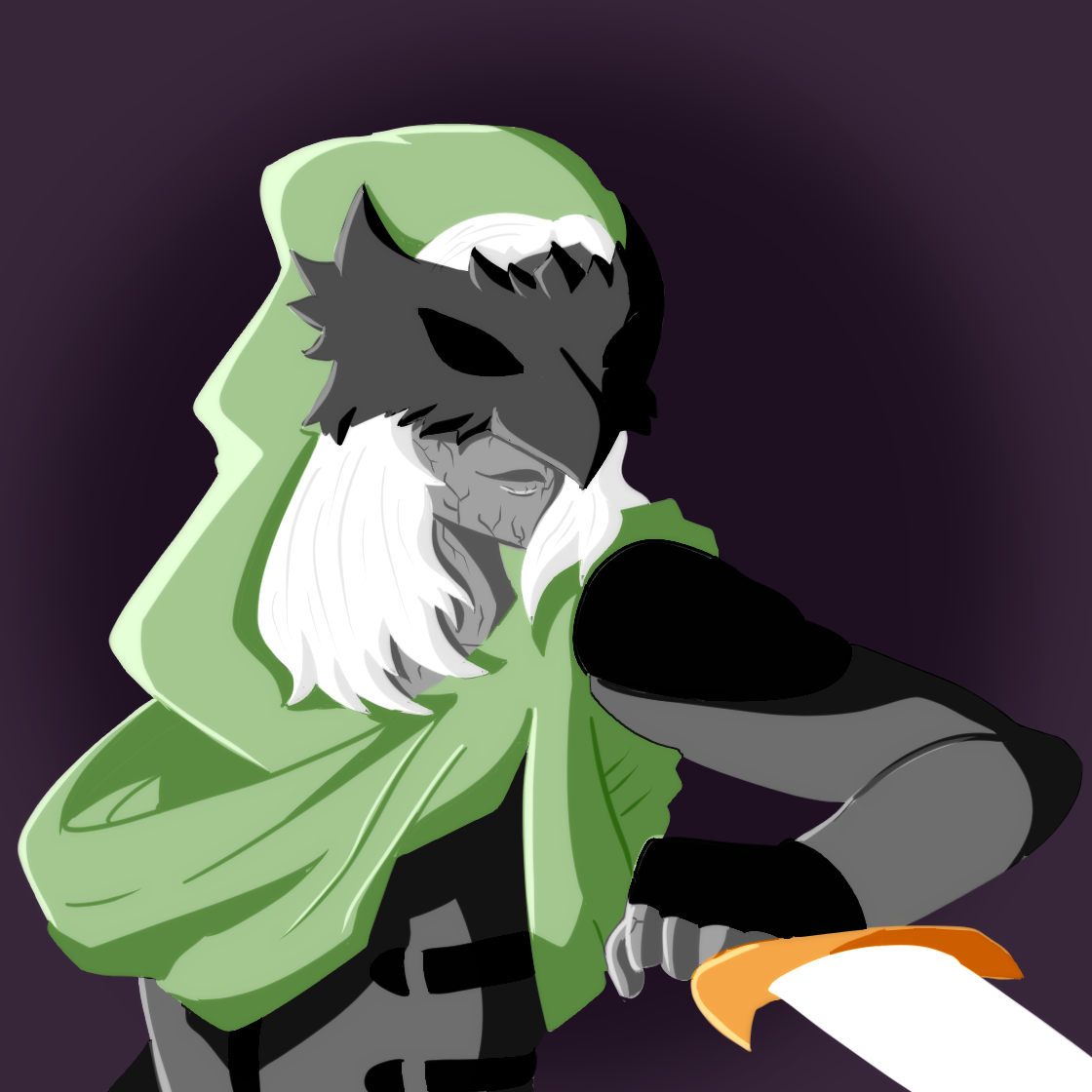 A person wearing a bird mask and a green hooded cloak, holding a sword, with long white hair and a dark background.