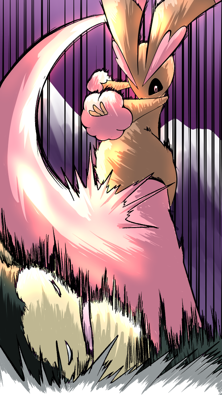 A drawing of a Pokémon resembling Sylveon, hugging a character with a large tail, set against a dark purple background with vertical black lines.